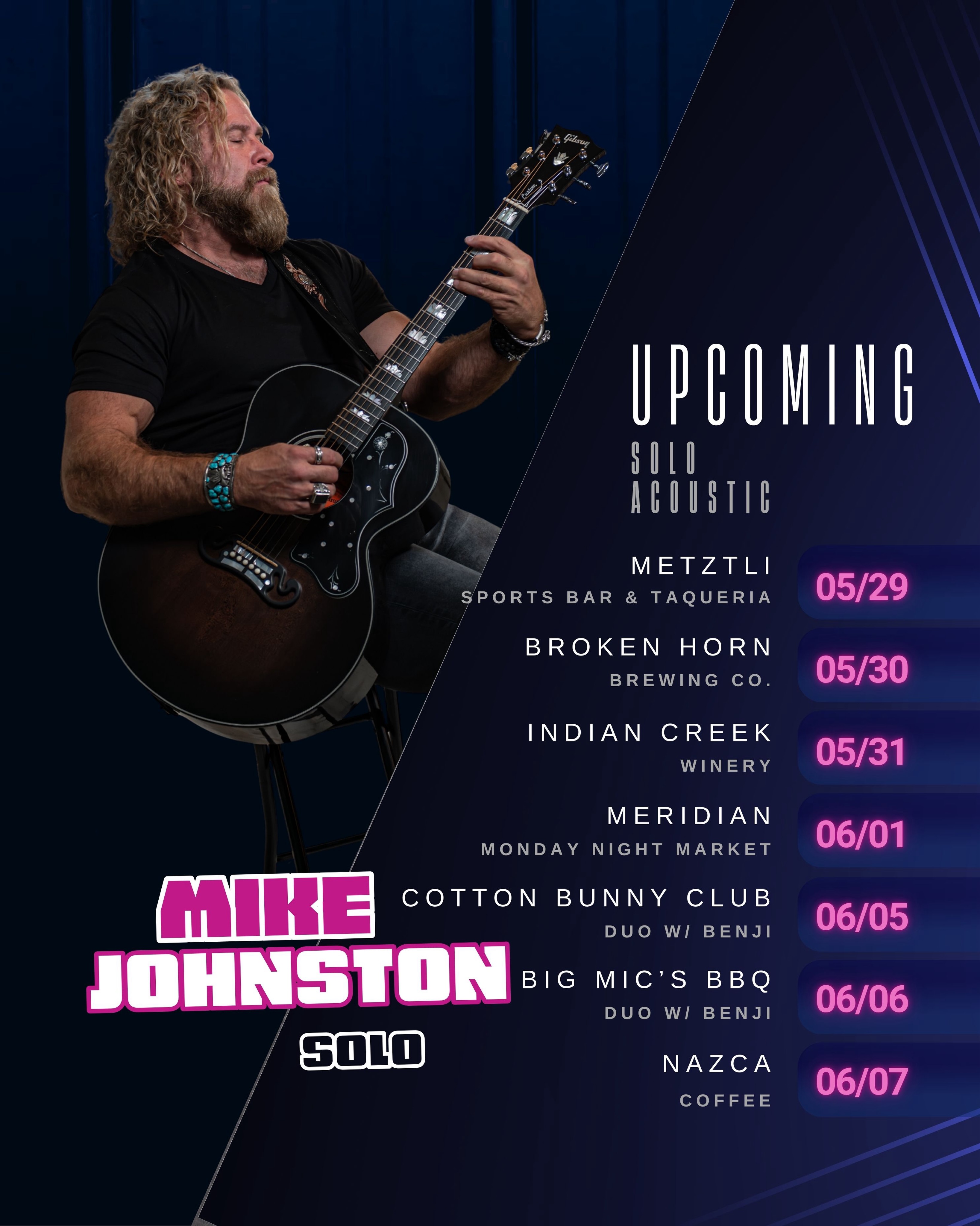 Hello friends, family and music fans! Please come on out and hang with me in Idaho! I will be playing around the state solo and duo with @benji_nil! Check my website www.mikejohnstonband.com for more details or check back here daily for detailed reels and stories! Again, I appreciate all the fans and facilities that make live, local original music a reality! Thanks to @metztli_taqueria @brokenhornbrewing @indiancreekwinery @meridianmondaynightmarket @cotton_bunny_club @bigmicskuna @nazcacoffeeco and many, many more! #mikejohnstonband #originalmusic #americanrock #boisemusicscene