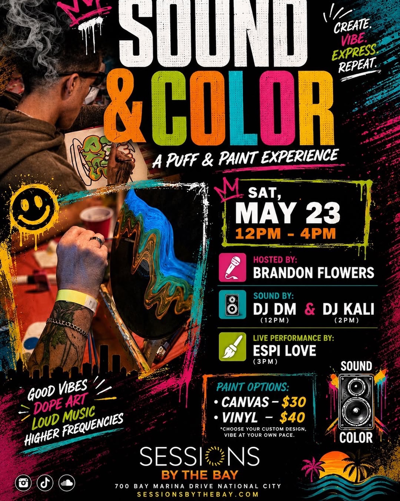#sdhiphopevents from • @sessionsbythebay.sd Saturday May 23 12pm-4pm Pull up to Sessions by the Bay for an afternoon of art, music, and culture 🎨🌊💨
Join us for Sound & Color — a laid-back Puff & Paint experience curated by award-winning artist Brandon Flowers @veryveryfubar Create at your own pace while DJ DM & DJ Kali set the soundtrack, plus a special live performance from poet/singer Espi Love
Choose your canvas:
🎨 Standard Canvas — $30
💿 Paint a Vinyl Record — $40
📍 700 Bay Marina Dr, National City
Whether you’re painting masterpieces, catching a vibe with friends, or soaking in the live music, this is your creative escape for the weekend.
Spots are limited — reserve yours now at sessionsbythebay.com and let the inspiration flow🌊