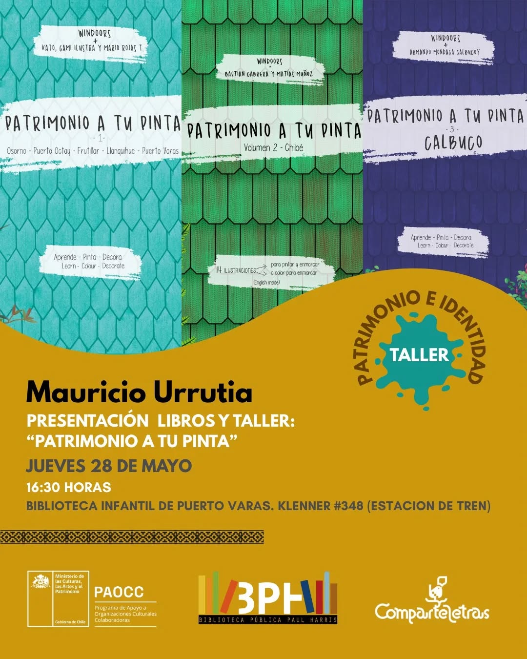 En el marco del lanzamiento del volumen 3 -Calbuco- de Patrimonio a tu pinta, su creador Mauricio Urrutia Varela vuelve a la Región de Los Lagos con una actividad familiar pensada para descubrir, conversar y crear en torno al patrimonio del sur de Chile.
A través de una presentación participativa, conoceremos la colección Patrimonio a tu pinta, libros interactivos que invitan a explorar la arquitectura, los lugares tradicionales, iglesias y elementos patrimoniales de distintos territorios del sur austral.
Durante la jornada conversaremos sobre qué es el patrimonio y cómo reconocerlo en nuestro entorno cotidiano. Luego, niñas, niños y familias podrán intervenir ilustraciones, colorear y crear postales inspiradas en los territorios y paisajes presentes en los libros. 🖍️✨
📍 Biblioteca infantil de Puerto Varas. Klenner #348.
📅 Jueves 28 de mayo, a las 16:30 hrs.