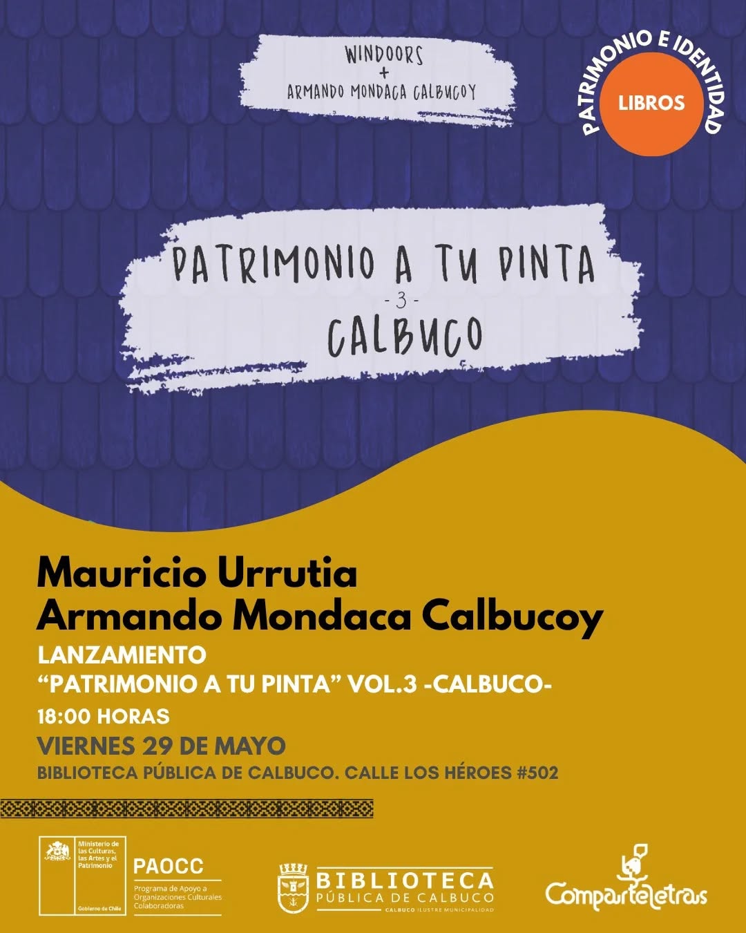 Lanzamiento de libro!!! 🎉🎉📚
En el marco del Mes del Patrimonio y del aniversario de Calbuco, lanzaremos el tercer volumen de la colección Patrimonio a tu pinta, una obra dedicada a recorrer, descubrir y habitar el patrimonio de una de las ciudades más antiguas de Chile. Con más de 400 años de historia, Calbuco se convierte en el protagonista de este nuevo libro, donde la fotografía, la ilustración, la memoria y las historias locales dialogan para capturar la esencia de su territorio y comunidad.
En esta oportunidad, la mirada de Mauricio Urrutia Varela —sociólogo, explorador del patrimonio y creador de windoors_cl— se une al trabajo del artista urbano e ilustrador calbucano Armando Mondaca.
A través de relatos de vecinos, investigación y experiencias personales, este volumen invita a recorrer el pasado y presente de Calbuco mediante 17 ilustraciones interactivas pensadas para pintar, intervenir y descubrir.
Patrimonio a tu pinta: Calbuco es una invitación a viajar, explorar y mirar el territorio con nuevos ojos; una puerta de entrada para conocer más sobre un archipiélago fundamental en la historia y cultura del sur de Chile.
📍 Biblioteca Pública de Calbuco
📅 Viernes 29 de mayo, a las 18.00 hrs.