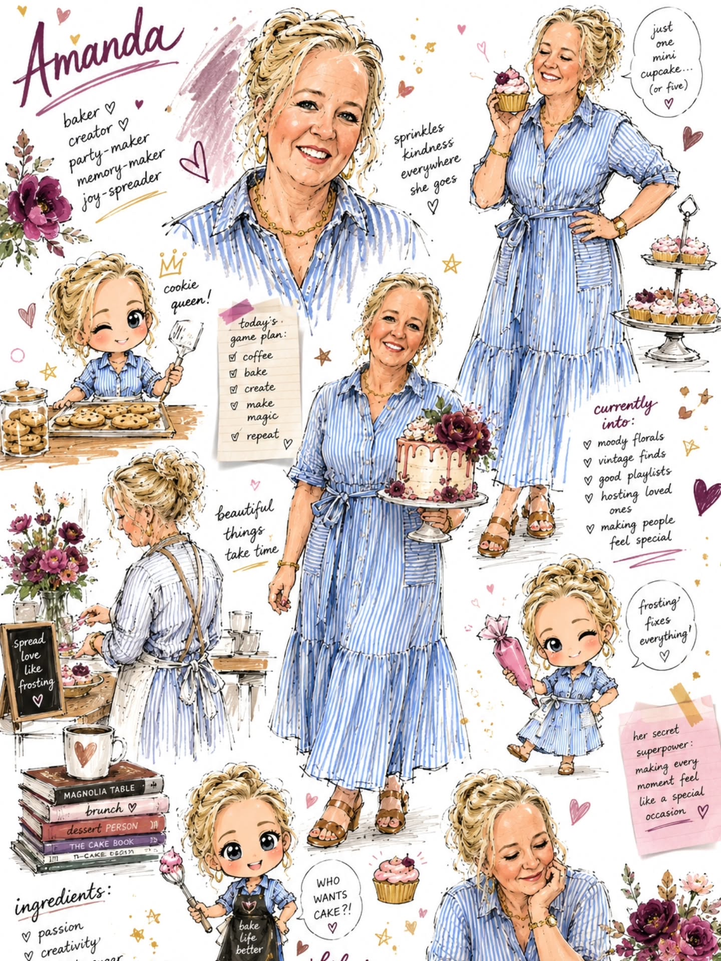 Keep seeing this trend so I thought I'd try it!
This sketchbook-style piece feels so me — a little chaotic, very detail obsessed, always planning the next sweet thing, and somehow convinced frosting and coffee fixes everything 😂🍪🧁☕️
Honestly one of the coolest ways I’ve ever seen my world brought to life.
#SketchbookStyle #BakerLife #CreativeBusiness #SweetDetails #WomenWhoCreate @karmaconfectionsatl