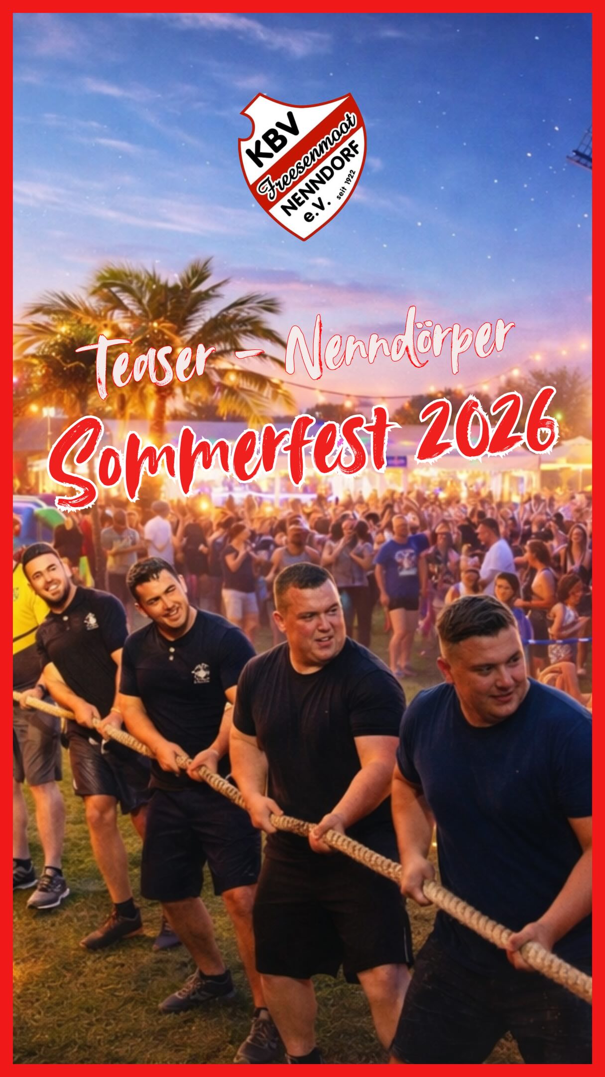 🔥 SOMMER. SONNE. NENNDORF. 🔥
Wenn die Beats lauter werden, der Sonnenuntergang an der Mühle leuchtet und ganz Nenndorf zusammen feiert, dann ist wieder SOMMERFEST-ZEIT! ☀️🏖️
Am 25.07.2026 verwandelt sich die Nenndorfer Mühle wieder in die heißeste Location des Sommers! 💃🕺
Freut euch auf:
🍰 Tee & Kuchen ab 15:00 Uhr
💪 Tauziehwettkampf ab 18:00 Uhr
🎶 Danach: PARTY bis tief in die Nacht!
Schnappt euch eure Crew, meldet euer Tauzieh-Team an und erlebt einen Abend voller Stimmung, Musik, Action & Sommer-Vibes! 🔥
📍 Mühle Nenndorf, 26556 Nenndorf
❗ Anmeldung eurer TAUZIEHMANNSCHAFT jetzt auf unserer Webseite!
#Sommerfest #Nenndorf #FestivalVibes #Tauziehen #PartyNight