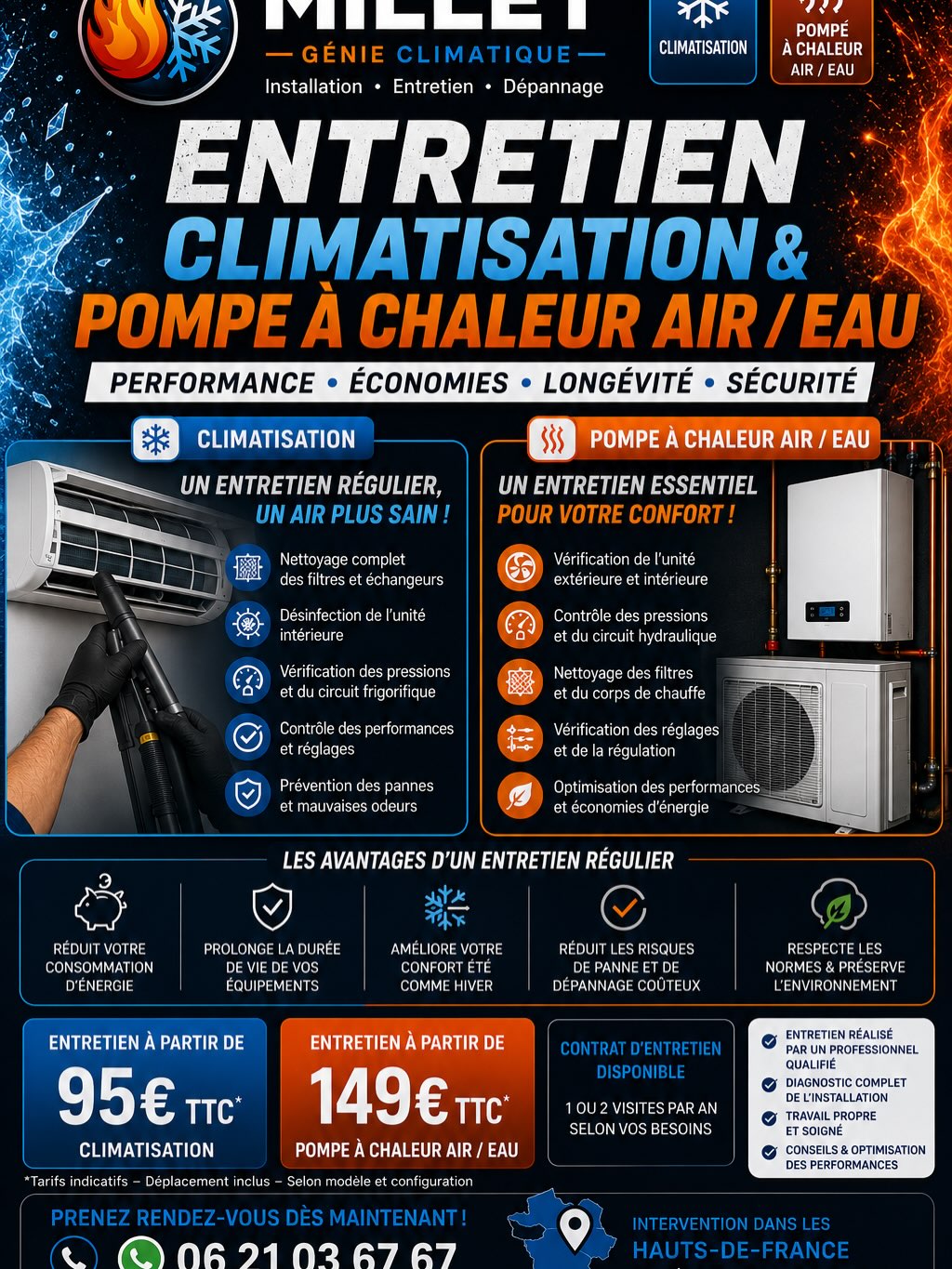 🔥 Votre climatisation, pompe à chaleur ou ballon thermodynamique mérite un entretien régulier !
Un entretien permet de :
✅ Réduire votre consommation d’énergie
✅ Améliorer les performances de votre installation
✅ Éviter les pannes coûteuses
✅ Prolonger la durée de vie de vos équipements
✅ Garantir votre confort toute l’année
Besoin d’un entretien ou d’un dépannage rapide ?
📍 Intervention dans les Hauts-de-France
📞 06 21 03 67 67
⚡ Intervention rapide – 7j/7 – 24h/24
🧰 Toutes marques / Travail propre et soigné
Prenez rendez-vous dès maintenant !