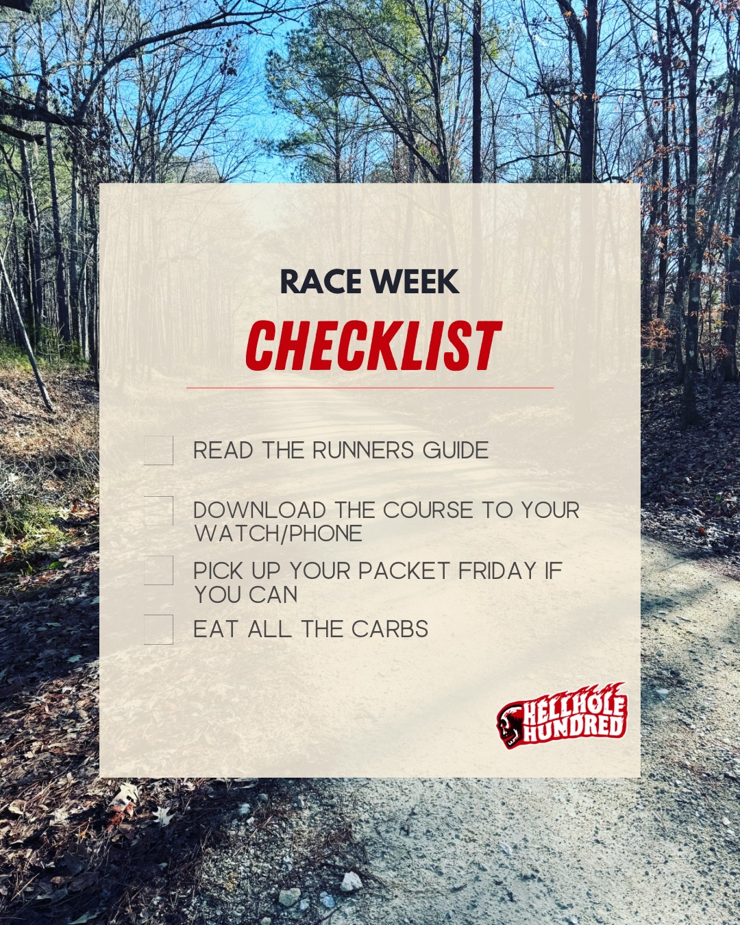 Here's your checklist and weekend timeline for Hell Hole ๐ฅโ ๏ธ
#hellholehundred #lowcountrytrailrunners #palmettoultras#charlestonrunning