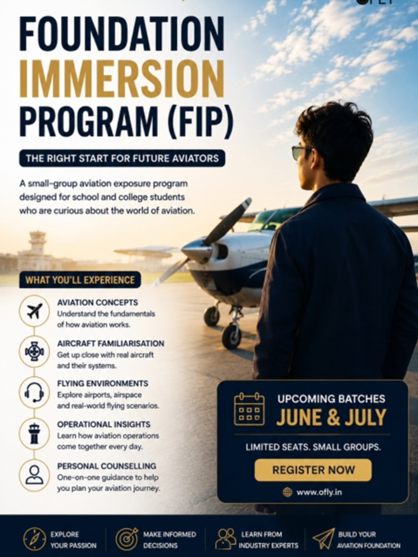 Aviation is best understood through experience.
The Foundation Immersion Program (FIP) is designed for students who wish to move beyond fascination and begin understanding aviation more meaningfully through guided exposure, aircraft familiarisation, operational understanding, and real aviation environments.
Small groups. Focused learning. Meaningful interaction.
Upcoming batches: June & July
Limited seats.
For students aged 12–18 years.
📩 Reach out to know more.
#OFLY #FoundationImmersionProgram #AviationWorkshop #AviationExposure #FuturePilots AviationEducation AviationPrograms StudentAviation AviationCamp PilotCareer AviationLearning