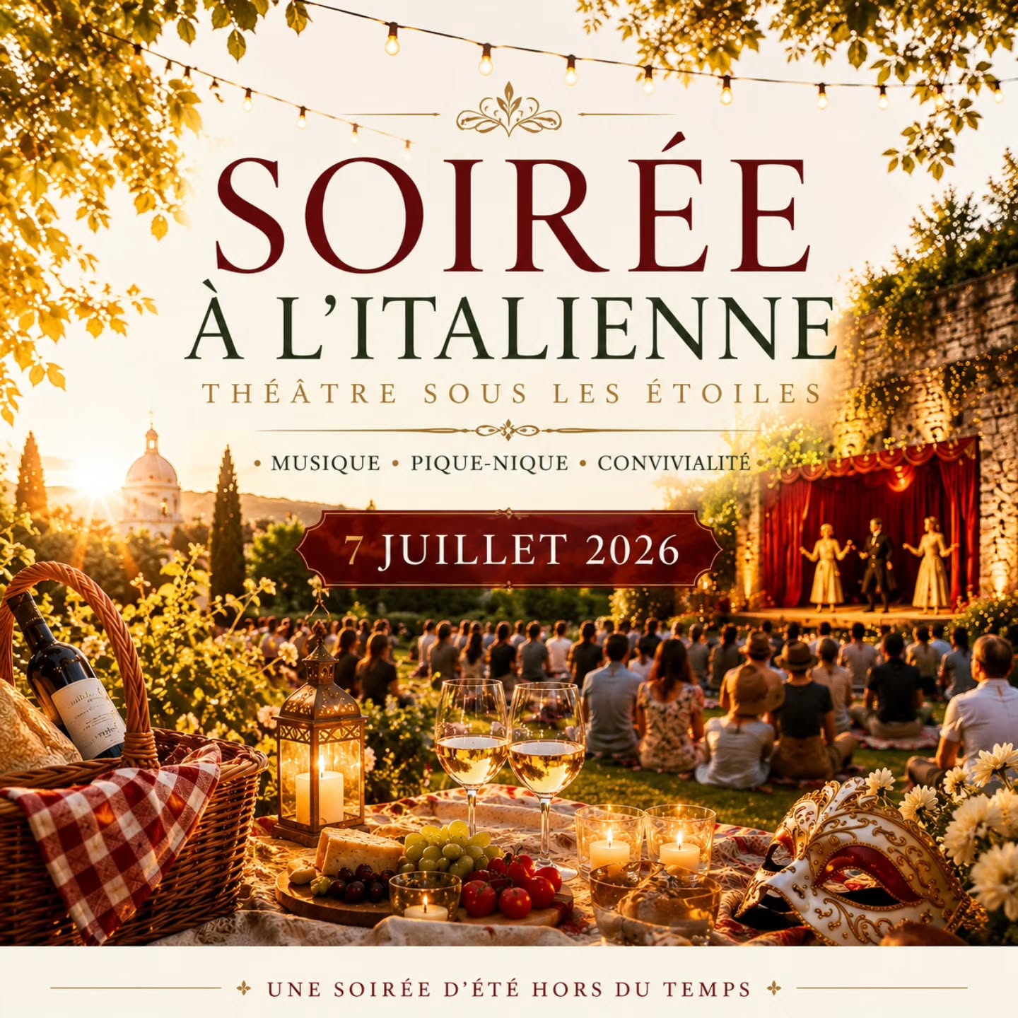 Une soirée d’été.
Des lanternes dans les arbres.
Un pique-nique au coucher du soleil.
Et puis, quand la nuit tombe doucement… le théâtre commence. ✨
Le 7 juillet 2026, le parc du Château de La Villaumaire accueille une soirée à l’italienne sous les étoiles : musique lounge, foodtruck, douceur d’un soir d’été et représentation de Barouf à Chioggia de Carlo Goldoni par la compagnie Les Colibris en scène. 🎭
Une parenthèse hors du temps, entre convivialité, théâtre et lumière dorée.
📍 Château de La Villaumaire
🕕 Ouverture du parc dès 18h30
🎟️ Réservation obligatoire — aucune billetterie sur place.
#theatre #dolcevita #soirdété #Chateau #touraine