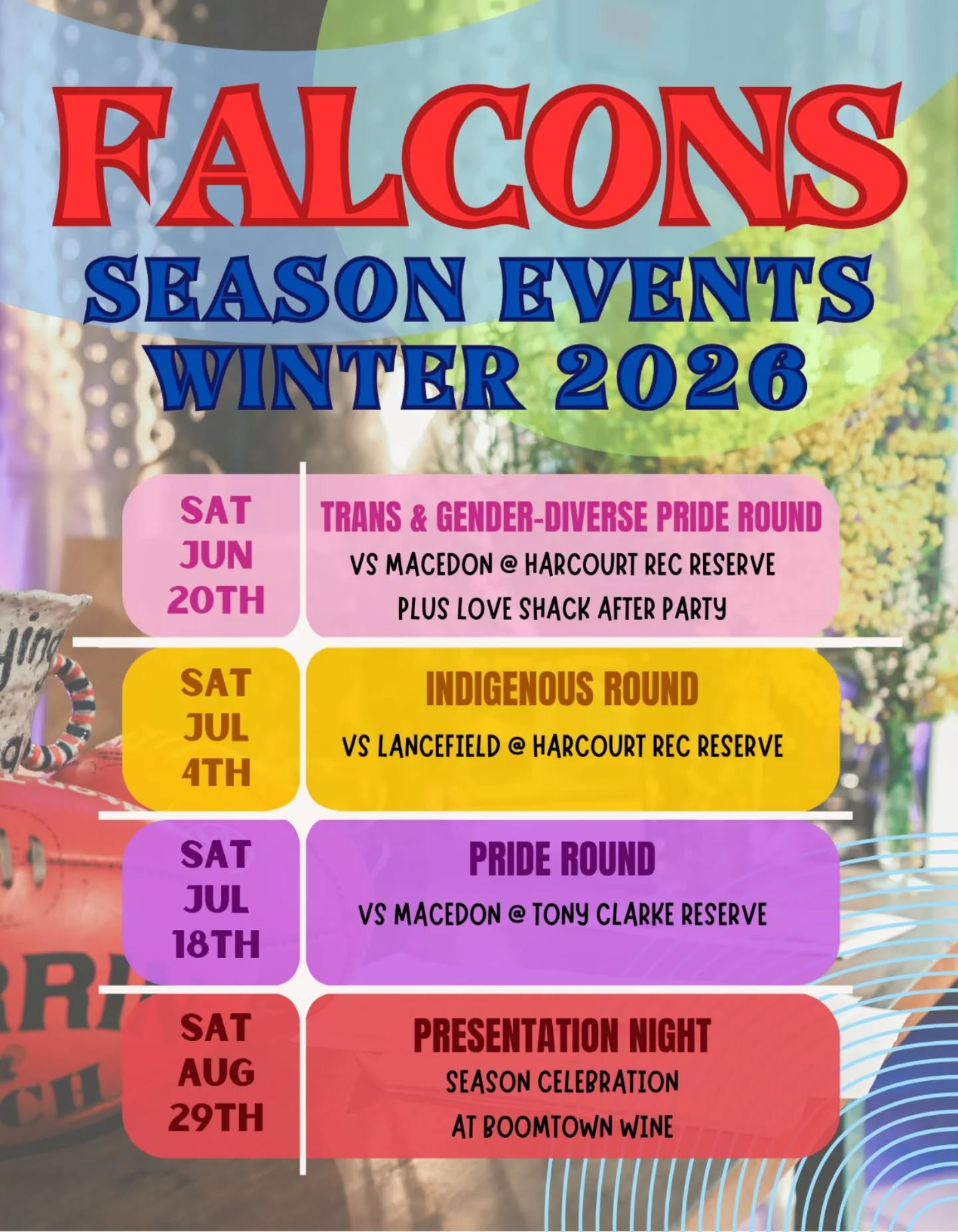 Mark your calendars Falcons fam! 🗓️
The weather’s cooling, but the Falcs are just warming up!
We are so stoked to be playing so many pride games this year! 🌈
Come join us for these special celebrations of our incredible, diverse players and volunteers.. and be part of the community that makes the Falcons fly!