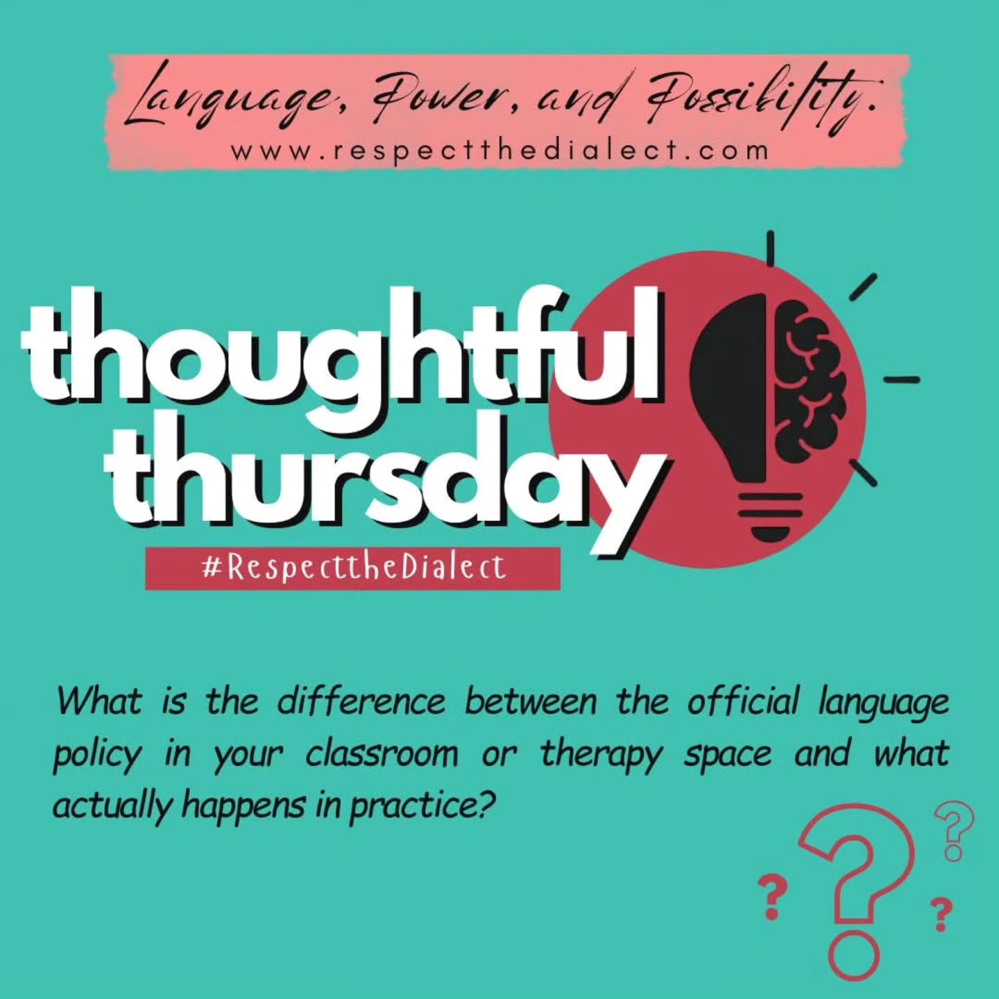 #ThoughtfulThursday
What is the difference, if any, between the official language policy in your classroom or therapy space and what actually happens in practice?
Many spaces claim to value “authenticity” and “linguistic justice,” while day-to-day interactions may reflect forced code-switching, language policing, linguistic inflexibility, and limited cultural responsiveness.
The hidden curriculum around language is just as powerful as the written one.
Whose language practices are affirmed?
Whose are corrected?
Whose are “accommodated” or “tolerated” only when convenient?
And what do students learn about identity, intelligence, and belonging through those experiences?
Curious to hear reflections from educators, clinicians, students, and families.
#RespectTheDialect #TheCultureWeSpeak #LanguageMatters #CulturallySustaining SpeechLanguagePathology Education LinguisticJustice AAE ClassroomCulture LanguagePolicy SLPeeps