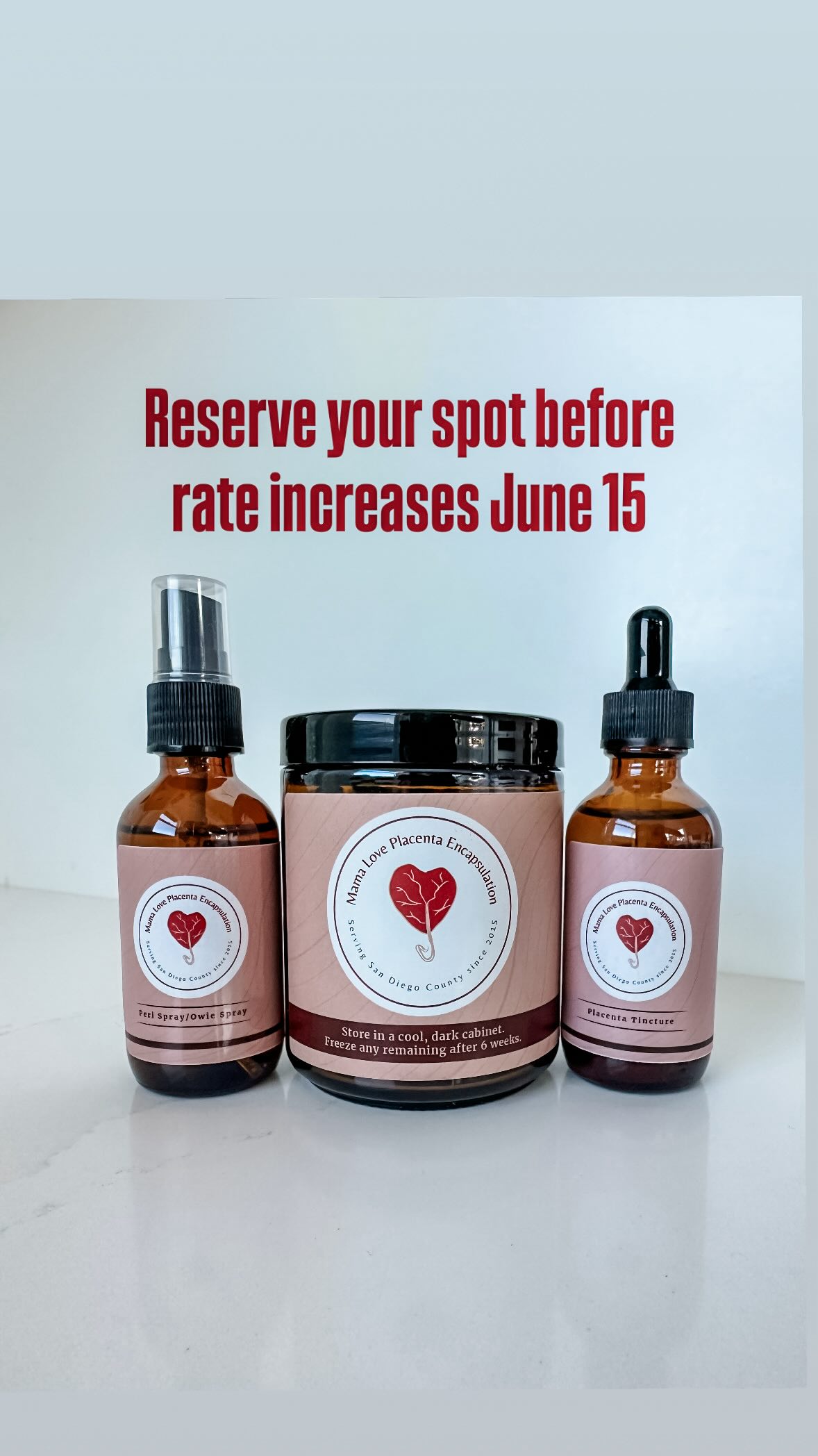 Reserve your spot! Price increases June 15th. Fill out intake form and you’ll be sent the contract and info. $25 holds your place on my schedule. I look forward to serving you soon!
#placentaencapsulation #placentacapsules #placentaencapsulationsandiego #placentapills #placentacapsulessandiego