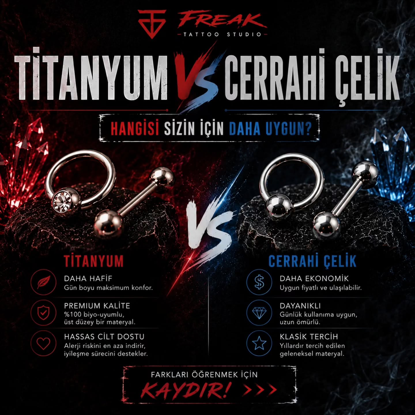 Titanyum mu? Yoksa Cerrahi Çelik mi?
Piercing materyali sadece görünüşü değil; konforu, iyileşme sürecini ve cildinizin vereceği reaksiyonu da etkiler.
Bazı materyaller daha hafif ve biyouyumlu çalışırken, bazıları daha ekonomik ve dayanıklı olabilir.
Peki sizin için en doğru seçim hangisi?
Kaydırarak farkları öğrenin → ve piercinginizi bilinçli seçin.
📍 Freak Tattoo Studio DM veya Web sitemiz üzerinden ücretsiz randevu alabilirsiniz.
#piercing #titanyumpiercing #cerrahicelik #piercingstudio #piercingistanbul