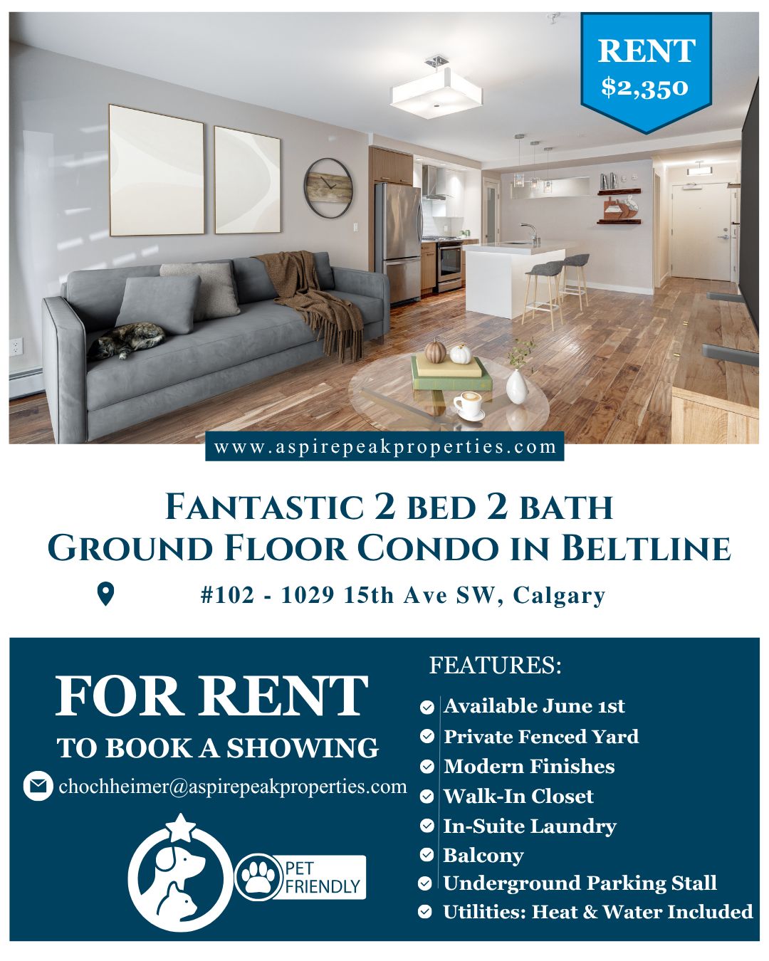 Ground Floor Living in Beltline! 🏡 This stunning 2-bed, 2-bath condo is the perfect blend of modern style and urban convenience.
With a sleek kitchen featuring stainless steel appliances, an island with seating, and beautiful hardwood floors throughout, this space is ready for you to move in and make it home. The private fenced yard? Perfect for your furry friends! 🐾
✅ 2 Bedrooms + 2 Bathrooms
✅ Ground Floor with Private Fenced Yard
✅ Modern Finishes & Hardwood Flooring
✅ Stainless Steel Appliances
✅ Island Kitchen with Seating
✅ Walk-In Closet
✅ In-Suite Laundry
✅ Balcony
✅ Underground Parking Stall
✅ Heat & Water Included
✅ Pet Friendly 🐾
Available June 1st
$2,350/month
Ready to see it? 📧 chochheimer@aspirepeakproperties.com
#Beltline #Calgary #CondoLiving #ModernLiving #PetFriendly #AspirePeakProperties