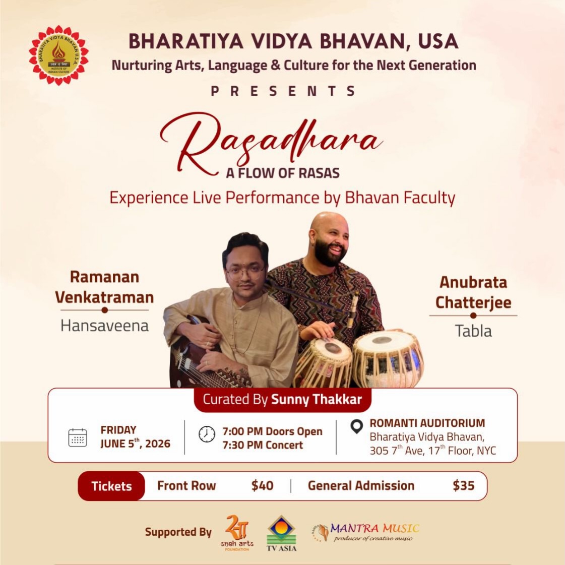 Rasadhara, is going to be a beautiful evening of music based on North Indian Classical Music (Hindustani Classical Music). What a pleasure it’ll be to share this prestigious stage of @bhavanus with the incredibly talented & amazing @iamanubrata . We can’t wait to share our music with you. Thanks @iamsunnythakkar, director @snehartsny , for curating this wonderful evening.
Tickets in the bio! 🤍
