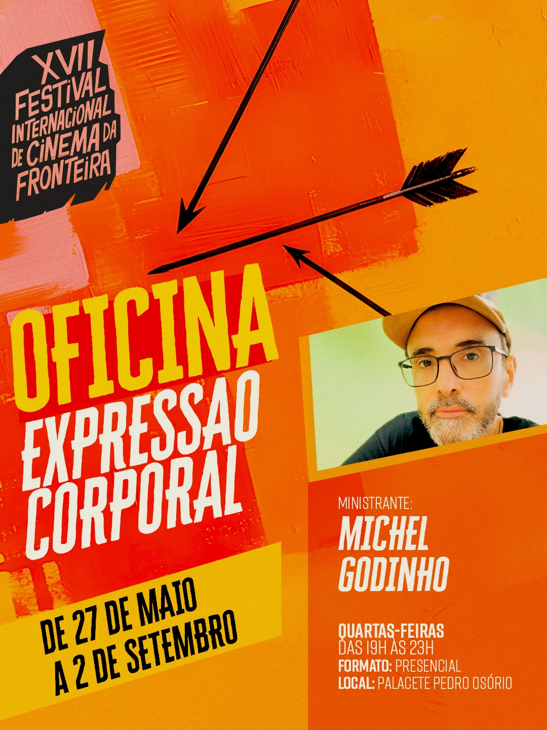 🎬 OFICINA DE EXPRESSÃO CORPORAL NO XVII FESTIVAL INTERNACIONAL DE CINEMA DA FRONTEIRA! 🌟
O corpo fala, projeta e transforma a cena. Se você quer explorar o potencial da sua corporalidade e expandir sua presença artística, essa oportunidade é sua!
Estão abertas as inscrições para a Oficina de Expressão Corporal, que faz parte da programação do XVII Festival Internacional de Cinema da Fronteira.
Conheça os detalhes:
👤 Ministrante: Michel Godinho
📅 Período: De 27 de maio a 2 de setembro
⏰ Dias e Horários: Quartas-feiras, das 19h às 23h
📍 Local: Palacete Pedro Osório
👥 Formato: Presencial
Garanta a sua vaga e venha vivenciar essa imersão na linguagem do movimento e da interpretação!
🔗 Inscrições na bio do @bage.secult
O XVII FICF é uma realização da @santatherezabage @prefeituradebage por meio da @bage.secult e @assembleiars. O patrocínio é da @philipmorrisbrasil, com financiamento do Pró-Cultura @sedac_rs , Lei de Incentivo à Cultura, Governo do Estado do Rio Grande do Sul @governors. Produção Maristela Ribeiro Produções.