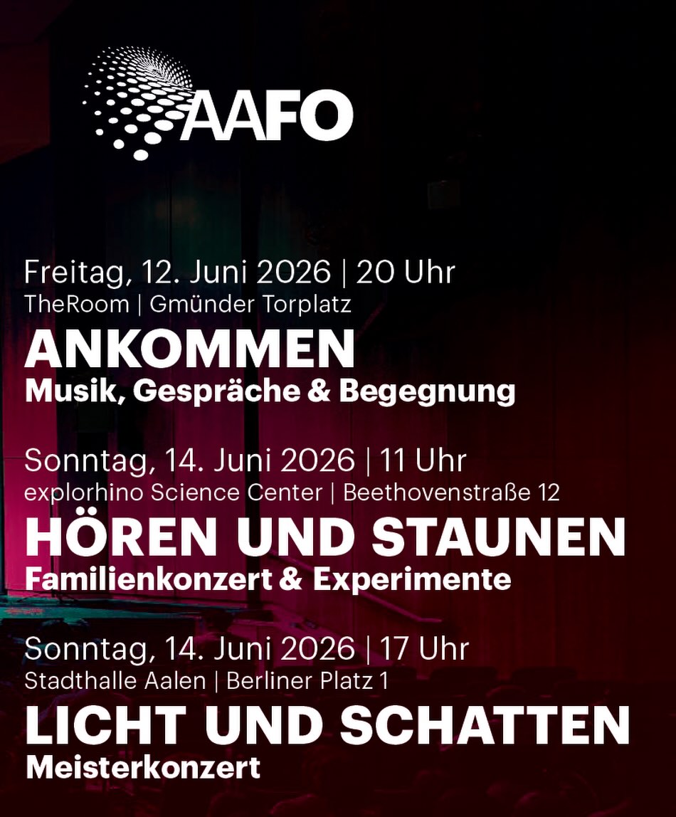 Musik schafft und stärkt Identität. Musik ist Nahrung für die Seele. Musik baut Brücken zwischen Menschen ☀️
Unter dem Motto „Licht und Schatten“ lädt das AALEN Festival Orchester (AAFO) zu einem Konzertwochenende ein, das bewusst neue Wege geht: nicht nur zuhören, sondern erleben, entdecken, ins Gespräch kommen. Drei Formate eröffnen unterschiedliche Zugänge: ein offener Auftaktabend mit Musik und Gespräch, ein Familienkonzert zwischen Klang und Experiment und ein sinfonisches Meisterkonzert in der Stadthalle. Jedes für sich besonders – und gemeinsam verbunden durch ein Thema, das uns alle betrifft.
👉 Tickets gibt´s bei Reservix (Link in Bio) und info@aafo.de
👉 Mehr Infos unter www.aafo.de
#Konzert #Begegnung #Aalen #Beethoven #Schostakowitsch