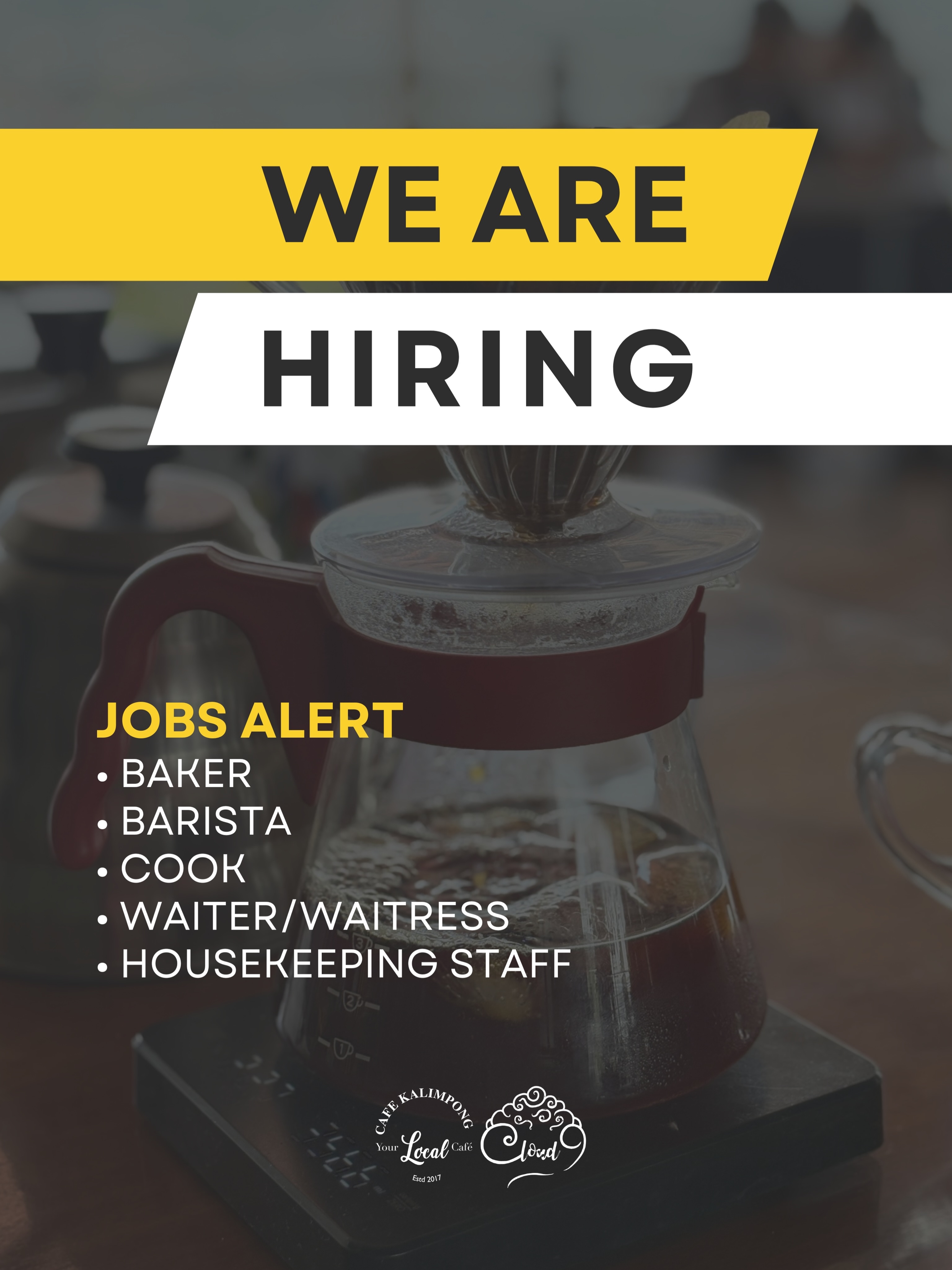 Join the CafeKalimpong & Cloud9 Team
We’re looking for passionate, friendly, and hardworking individuals to join our growing team! If you enjoy great food, thrive in a fast-paced environment, and bring positive energy to work every day, we’d love to hear from you.
We are currently hiring for the following positions:
• Baker
• Barista
• Cook
• Waiter/Waitress
• Housekeeping Staff
Requirements:
• Applicants must have a minimum of 1 year of experience in the relevant field.
• Please note that selected candidates will be required to commit to a one-year agreement with us.
Link in bio