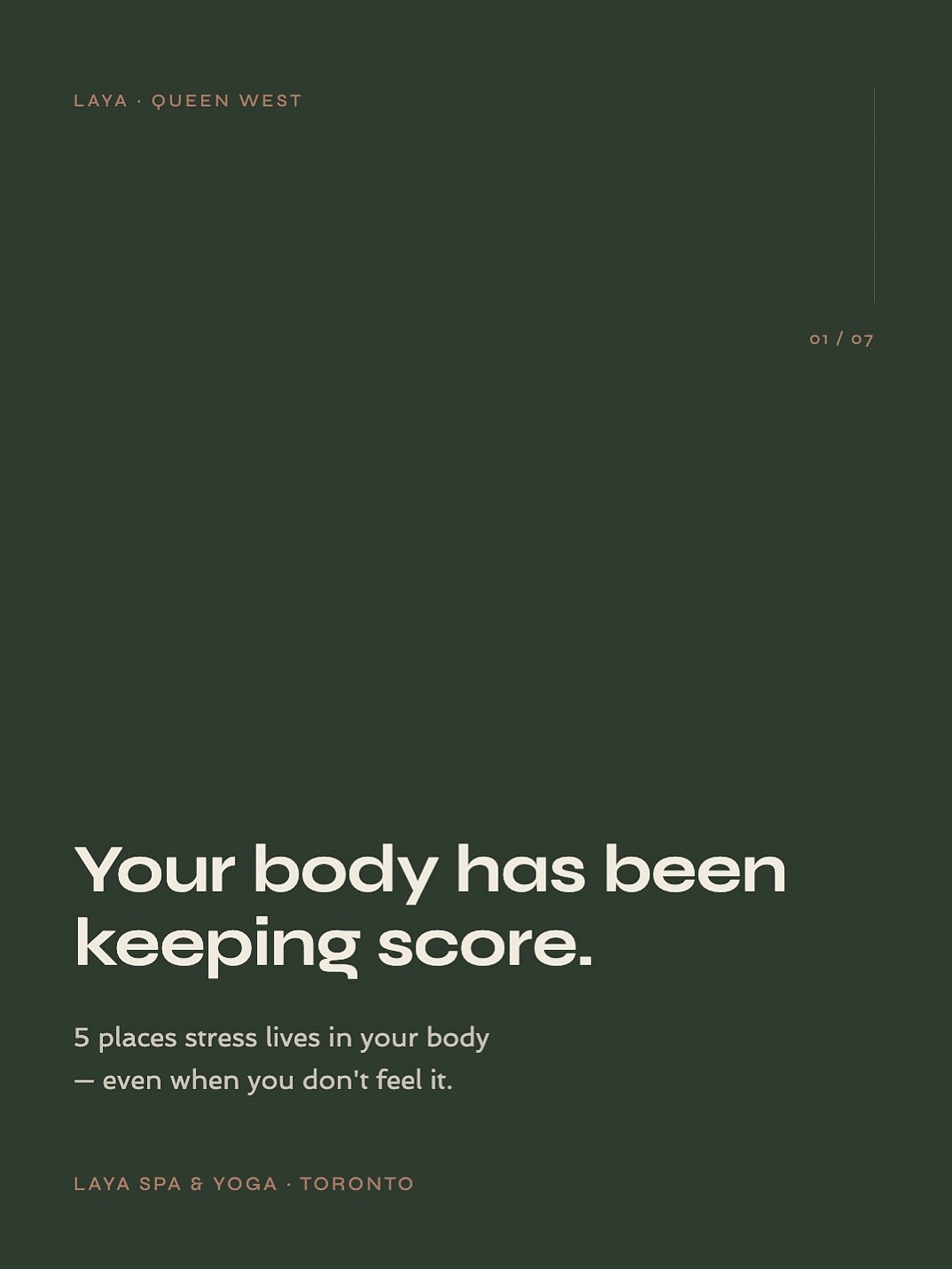 Your body doesn’t forget the week, even when you try to.
Jaw tight from the decisions you had to make. Shoulders still holding the commute, the screen, the cold. Hips carrying what didn’t get processed. Scalp tense from six hours of focus. Feet that haven’t been thought about once.
Stress doesn’t disappear when you stop working. It moves into the body and waits.
At Laya, treatments are chosen around where you actually hold tension - not a standard routine applied to everyone the same way. Your therapist notices what your body is carrying before you have to explain it.
Save this for the next time someone asks why you need a massage.
Which location felt most like you? Drop it below - jaw / shoulders / hips / scalp / feet.
Reserve your reset through the link in bio.