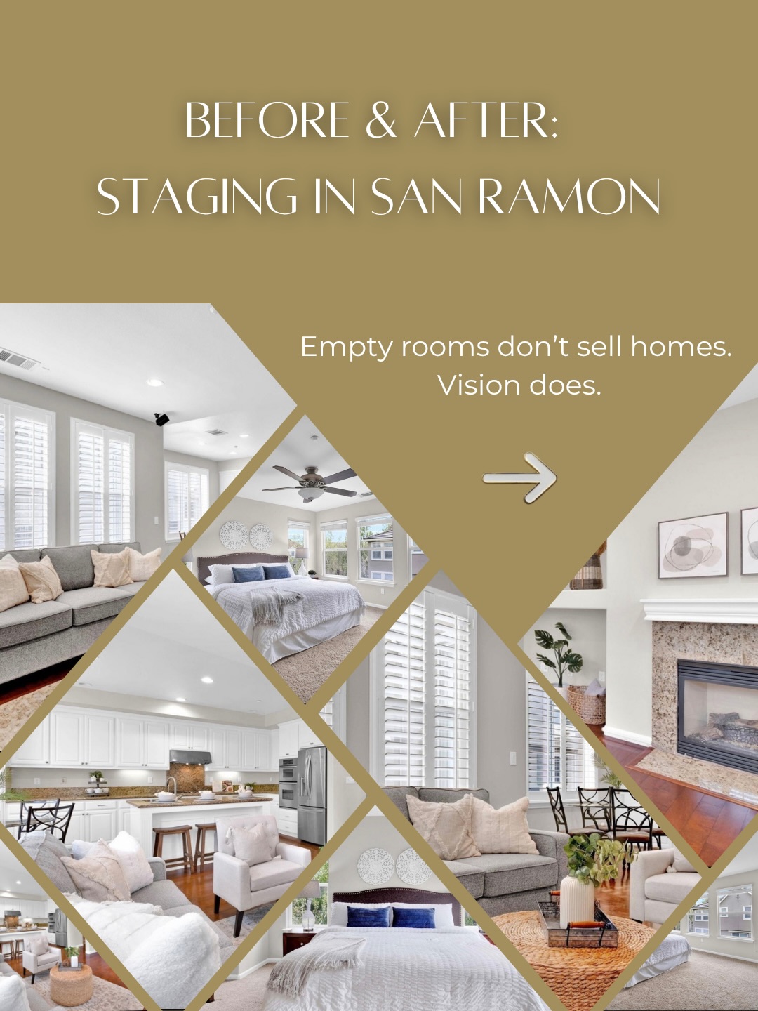At 6197 Yardley Lane in San Ramon, the home already had great natural light, tall ceilings, and a strong layout. Before staging, the darker colors and everyday distractions made it harder for buyers to see the home’s full potential.
Once staged, the spaces immediately felt brighter, softer, and more inviting. The living areas felt open and connected, and the bedrooms finally reflected the calm, airy feeling buyers are looking for.
That’s the difference thoughtful staging makes.
It helps buyers focus on the home instead of the distractions.
Because empty rooms don’t sell homes. Vision does.