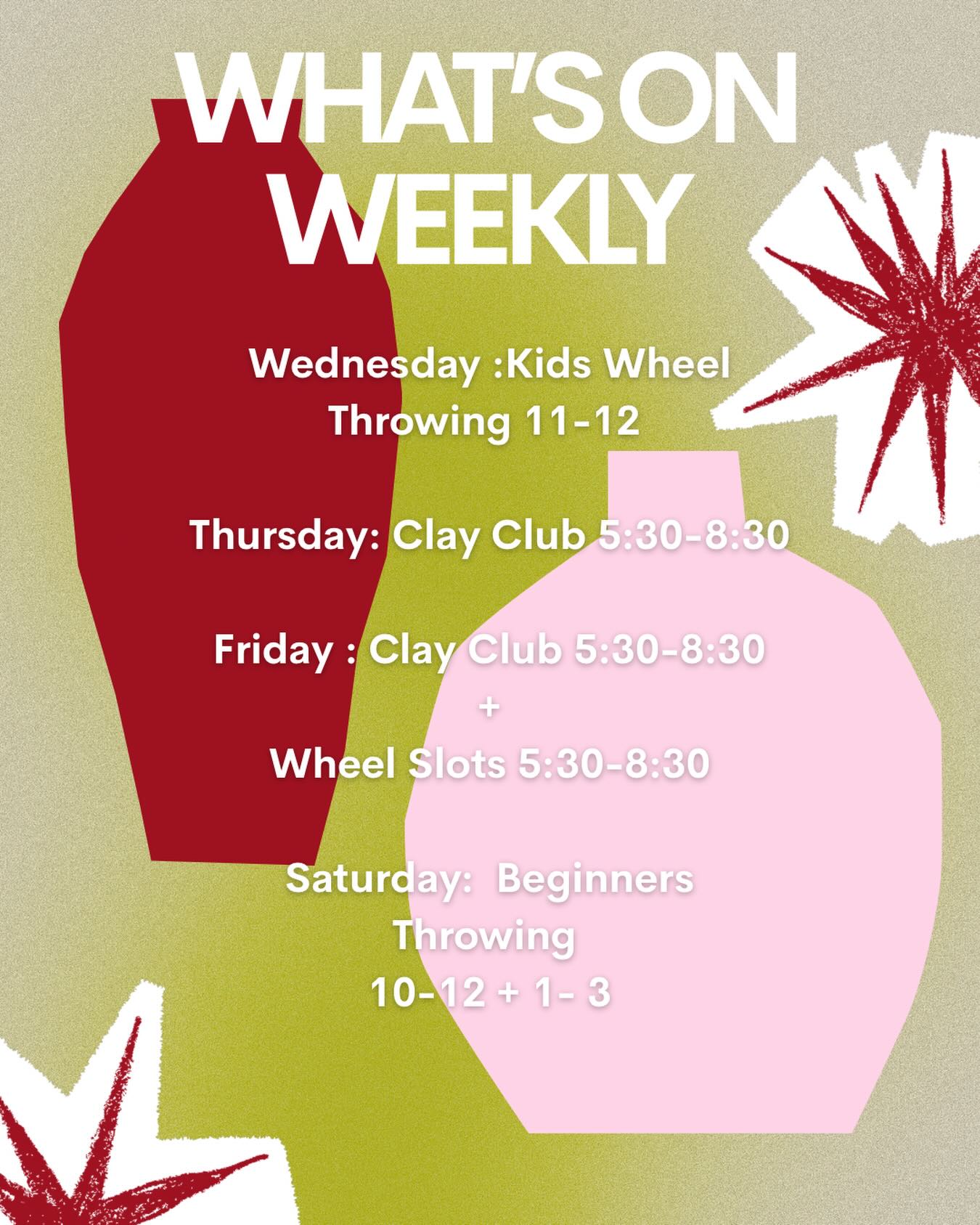 ✨woweeeee what a scorchio bank holiday!✨
✨if you need a little rest bite from the rays why not pop in and do some pottery? The studio is lovely and cool 😎 ✨
✨we have half term fun for the kiddies with our new wheel workshops as well as plenty for the adults too. Clay clubs are all byo so why not make an evening of it✨
✨stay hydrated✨