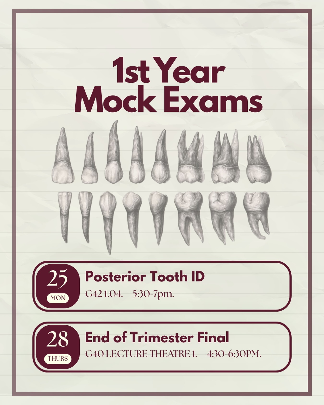 Calling all 1st years! 📣
It’s getting to that time of the semester where finals are approaching and the shapes of tooth surfaces is just not sticking in your brain.
Come along to Academics final two sessions of semester 1 where we will be running mock exams to help prepare you for the coming weeks!
Posterior Tooth ID Mock: 🦷
Monday 25th May, 5:30pm, G42_1.04
End of Tri Final Mock: 💻
Thursday 28th May, 4:30pm, G40 Lecture Theatre 1
We’ll walk you through the 8 point system, how to utilise your exam time effectively, drawing, and any questions you might have
Can’t wait to see you all there! 🦷📚✨