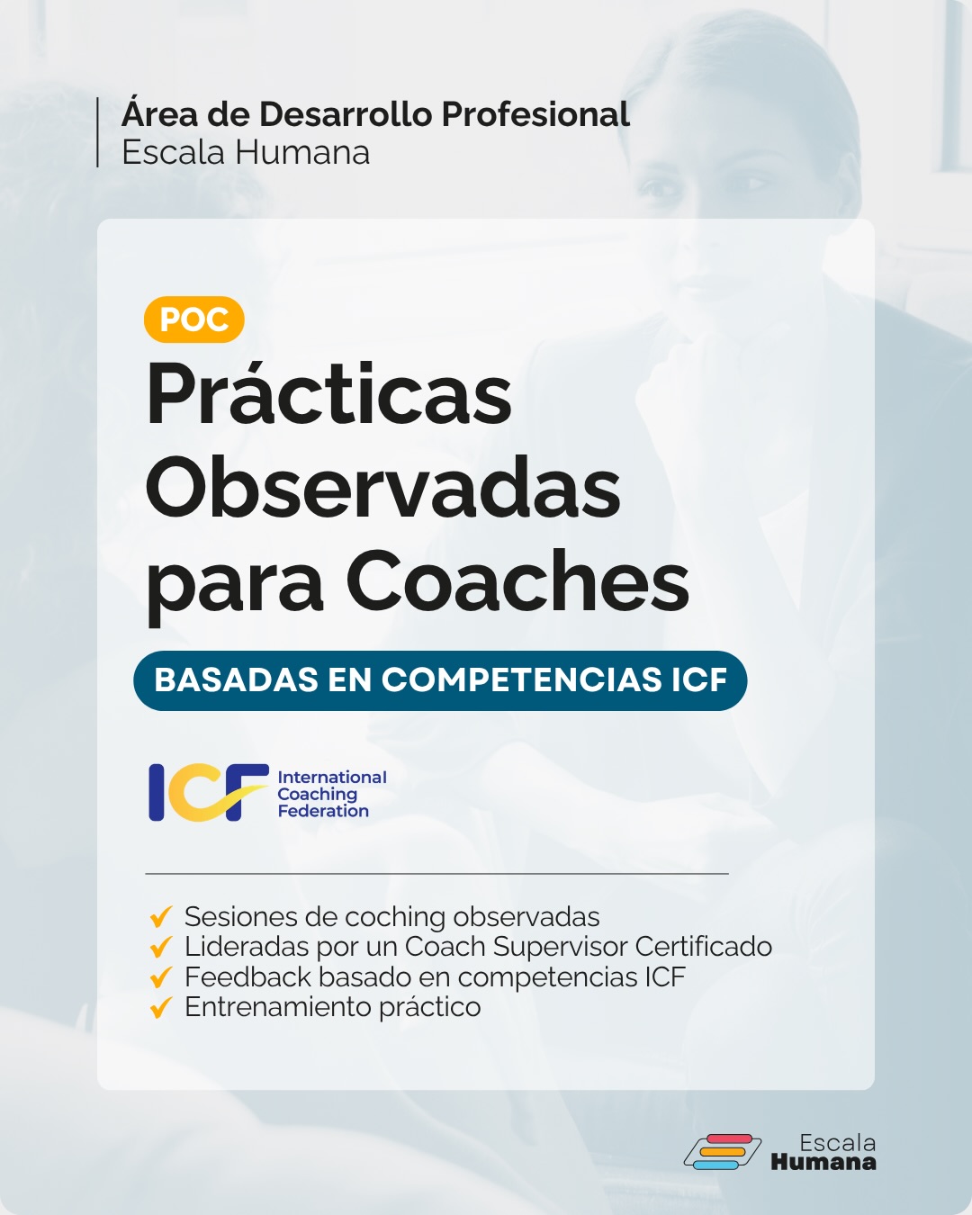 Comenzamos un nuevo espacio de práctica para coaches:
✨ POC | Prácticas Observadas para Coaches basadas en competencias ICF
Un espacio semanal de entrenamiento, práctica y aprendizaje continuo para coaches certificados, donde podrás fortalecer tus habilidades a través de sesiones de coaching observadas, feedback y mirada profesional.
Las prácticas observadas son lideradas por un Coach Supervisor Certificado EMCC @emcclatam , asegurando un espacio de aprendizaje con estándar profesional, observación especializada y feedback basado en competencias ICF @icfchile @icfenespanol .
📍 Comenzamos el 3 de junio a las 19:00 hrs
📍 Nos reuniremos todos los martes
📍 Valor mensual: $43.000
📍 Te aseguras al menos dos prácticas con feedback por sesión
Si quieres más información, escríbenos por DM o al mail ehformacion@ehumana.cl