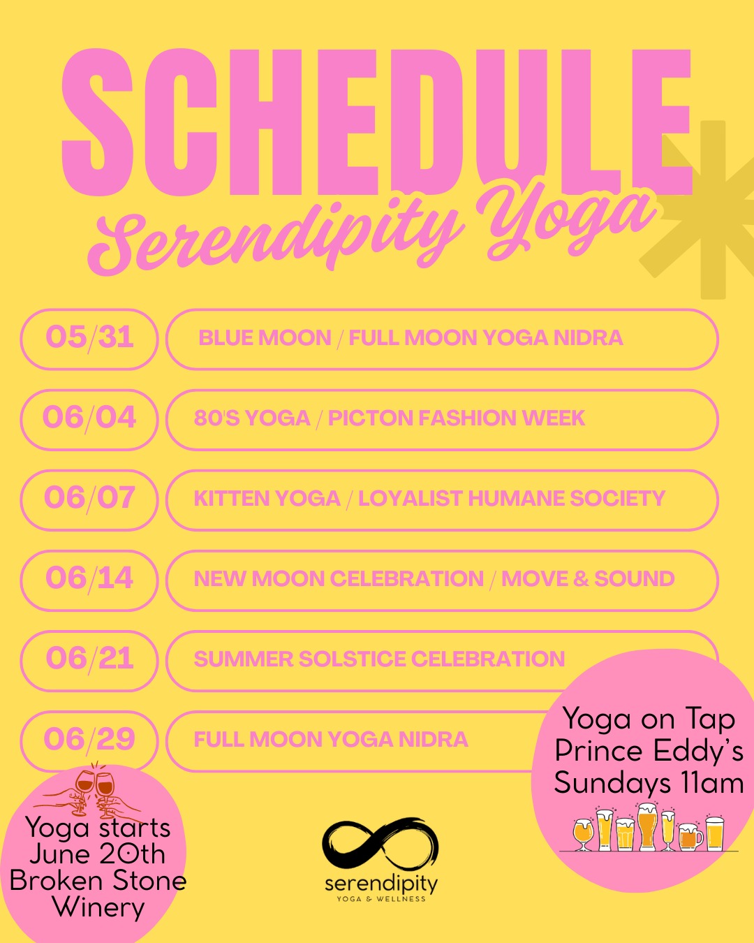 Summer is almost here and things are getting extra fun at Serendipity Yoga.
Along with our regular weekly classes, we’ve got a full lineup of special events happening over the next month and honestly… we’re pretty excited about it.
Think community, movement, connection, laughter, good energy, and some really unique experiences both in and outside the studio. Whether you come to everything or just pick one that speaks to you, we’d love to have you join us.
Great for bachelorette events, reunions, family get togethers, and for that sunday afternoon activity.
If you’ve been wanting to try something new, meet new people, or simply make more time for yourself this season, this is your sign.
Check out this pic for everything coming up and grab your spot early because a few of these are already filling quickly.
Visit serendipityyoga.ca to register.
#serentipityyoga
#healthymovementyourway
#yogapec