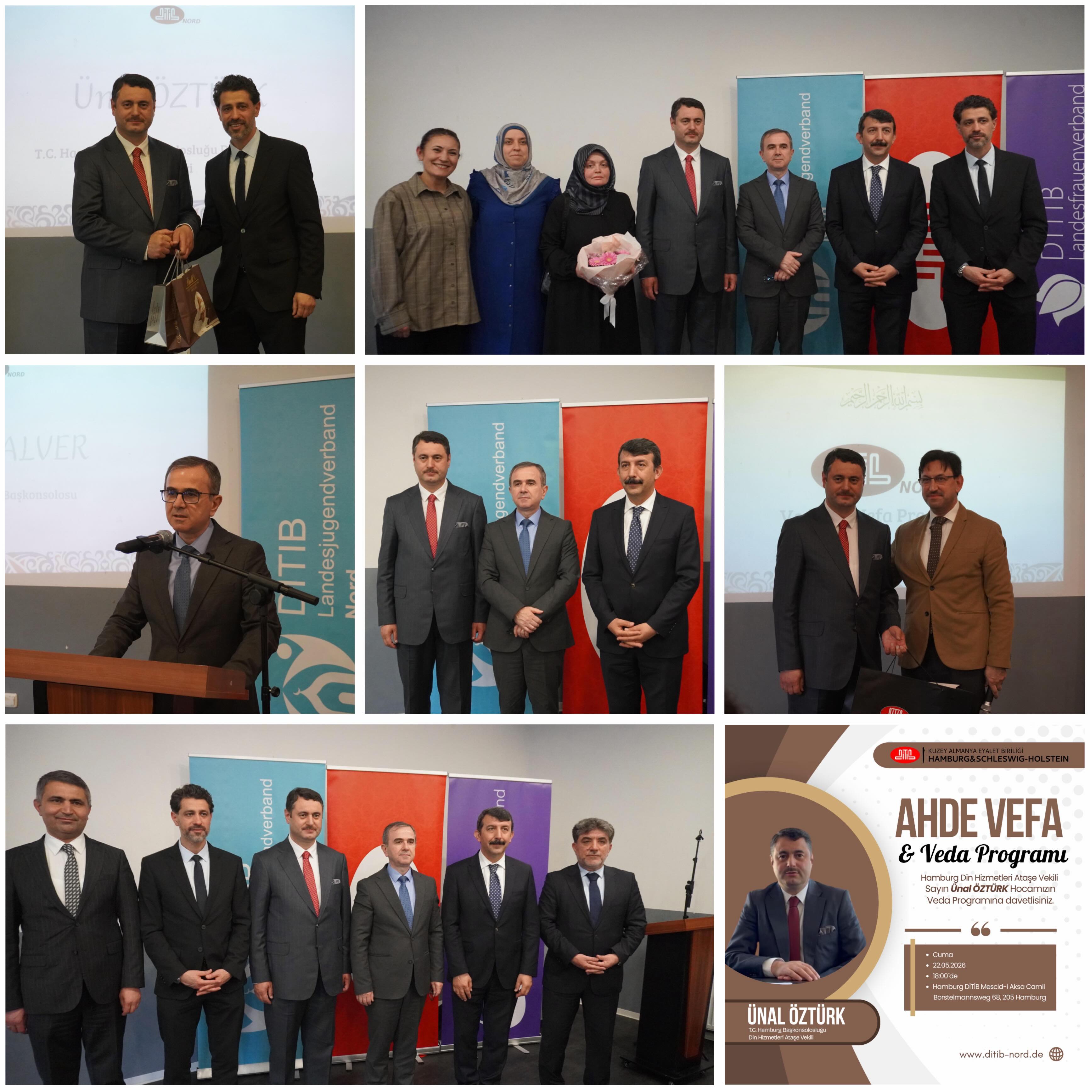 🌹 Ahde Vefa & Veda Programı 🌹
Geçtiğimiz cuma günü gerçekleştirilen Ahde Vefa & Veda Programı’nda, Hamburg Din Hizmetleri Ataşeliği görevini büyük bir özveri, samimiyet ve gayretle yürüten Sayın Ünal Öztürk hocamıza emekleri, hizmetleri ve toplumumuza sunduğu kıymetli katkılar için teşekkürlerimizi ifade ettik.
Görev süresi boyunca bıraktığı güzel izler ve hayırlı hizmetler daima hayırla yâd edilecektir.
Programımıza teşrif ederek bizleri onurlandıran tüm kıymetli misafirlerimize teşekkür ederiz.
Davetimize icabet edip katılımlarıyla programımıza değer katan;
• T.C. Hamburg Başkonsolosu Sayın Berati Alver’e
• DİTİB Genel Başkanı Sayın Ramazan Illikkan’a
• Hannover Din Hizmetleri Ataşesi Sayın Tevfik Altınpınar’a
• DİTİB Kuzey Almanya Eyalet Birliği yöneticilerine, din görevlilerimize ve tüm misafirlerimize şükranlarımızı sunarız.
Birlik, kardeşlik ve vefa duygularının en güzel şekilde yaşandığı bu anlamlı programın hayırlara vesile olmasını diliyoruz.
⸻
🌹 Ahde Vefa & Abschiedsprogramm 🌹
Am vergangenen Freitag fand das Ahde Vefa & Abschiedsprogramm zu Ehren von Herrn Ünal Öztürk statt, der sein Amt als Religionsattaché in Hamburg mit großem Engagement, Aufrichtigkeit und Einsatz ausgeübt hat.
Für seine wertvollen Dienste und Beiträge für unsere Gemeinschaft sprechen wir ihm unseren herzlichen Dank aus.
Ein besonderer Dank gilt allen geschätzten Gästen, die unserer Einladung gefolgt sind und uns mit ihrer Teilnahme geehrt haben.
Unser besonderer Dank gilt:
• Dem Generalkonsul der Republik Türkiye in Hamburg, Herrn Berati Alver
• Dem DİTİB-Vorsitzenden Herrn Ramazan Illikkan
• Dem Religionsattaché in Hannover, Herrn Tevfik Altınpınar
• Den Vertretern der DİTİB Nord, den Religionsbeauftragten sowie allen Teilnehmerinnen und Teilnehmern.
Möge dieses besondere Treffen im Zeichen von Dankbarkeit, Zusammenhalt und Wertschätzung in guter Erinnerung bleiben.
#ditibnord #AhdeVefa #Abschiedsprogramm #Dankbarkeit #Zusammenhalt