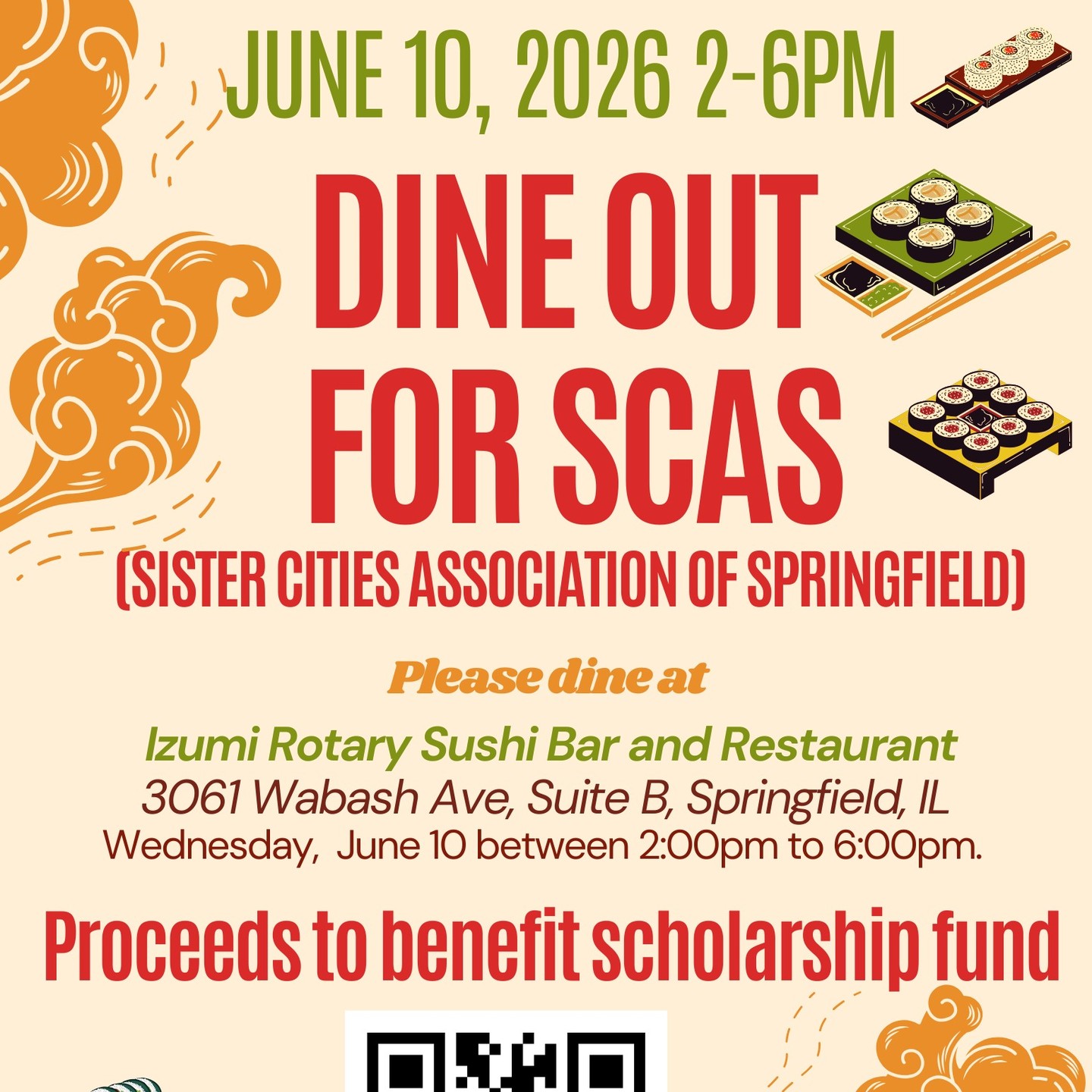 Please join us for a night of food and fun at @izumirotary Izumi Rotary Sushi Bar and Restaurant in Springfield! From 2:00pm to 6:00pm on Wednesday, June 10, a portion of your bill will be going to support the travel of our high school student delegates to Ashikaga, Japan. We are excited to see you there!