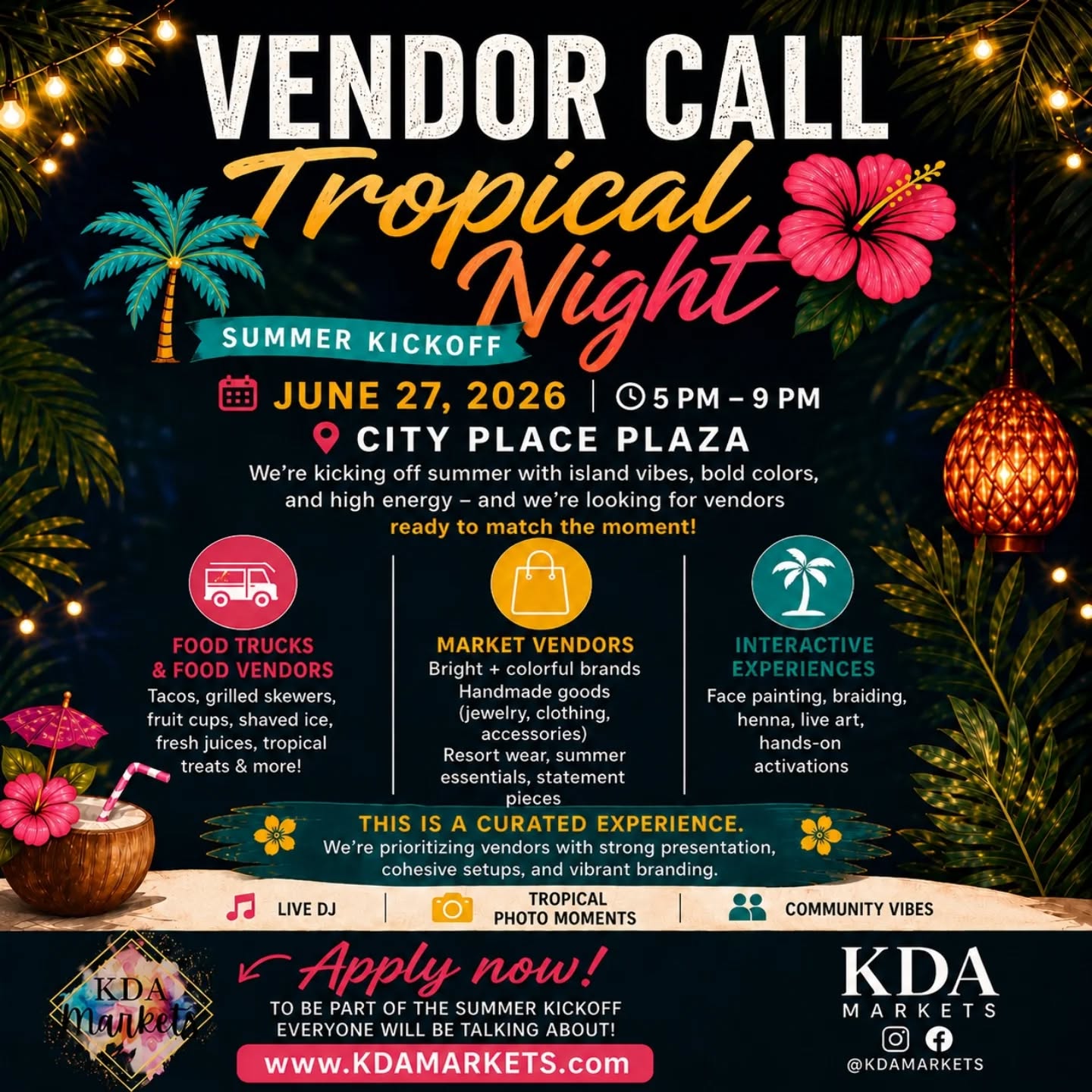 🌴☀️ 𝗩𝗘𝗡𝗗𝗢𝗥 𝗖𝗔𝗟𝗟: 𝗧𝗥𝗢𝗣𝗜𝗖𝗔𝗟 𝗡𝗜𝗚𝗛𝗧 — 𝗦𝗨𝗠𝗠𝗘𝗥 𝗞𝗜𝗖𝗞𝗢𝗙𝗙☀️🌴
Join us for an unforgettable outdoor summer experience at 𝐂𝐢𝐭𝐲 𝐏𝐥𝐚𝐜𝐞 𝐏𝐥𝐚𝐳𝐚 filled with music, community, vibrant energy, curated shopping, tropical aesthetics, interactive moments, and sunset vibes under the stars.
📍 City Place Plaza
📅 June 27, 2026
⏰ 5 PM – 9 PM
✨ THIS IS A CURATED EVENT ✨
We’re currently looking for vendors, food concepts, and interactive experiences that match the atmosphere and energy of the event.
🛍️ Fashion + Accessories
🌺 Handmade Goods
🍹 Tropical Treats + Drinks
🌴 Resort Wear Apparel + Summer Essentials
🎨 Inte
🍍 Food Vendors + Food Trucks
.....and Morea
Guests can expect: 🎧 Live DJ
🌅 Sunset Lounge Vibes
📸 Tropical Photo Moments
✨ Interactive Experiences
🛍️ Curated Shopping
🌴 Community Energy Under the Lights
If your brand fits the vibe, we’d love to have you join us for the summerractive Activations
📸 Photo-Worthy Brands kickoff everyone will be talking about.
𝗔𝗽𝗽𝗹𝘆 𝗡𝗼𝘄: 🌐 WWW.KDAMARKETS.COM
⚠️ Please beware of scammers. The ONLY way to apply for KDA Markets events is through our official website.
Follow Us: IG + FB: @KDAMARKETS
#houstonevents #houstonmarkets #houstonvendors #kdamarkets #explorepage