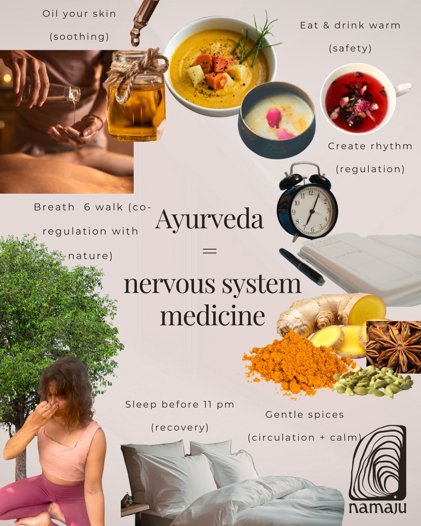 Ayurveda isn’t a trend. It’s a rhythm — and your nervous system loves rhythm.
When you eat warm, your body reads “safe.”
When your days have gentle anchors, your system settles.
When you oil the skin, the breath lengthens and the mind follows.
When you sleep before 11, repair actually happens.
Think of these as micro-signals of safety:
* Warm, simple meals → less bracing in the gut.
* Repeated daily cues (light, meals, rest) → regulation without willpower.
* Touch with warm oil → the body believes you’re safe enough to soften.
* Earlier nights → hormones and digestion reset.
In my retreats and 1:1 work, we weave this into real life:
body-based clarity → steadier emotions → sustainable regulation.
Ayurveda becomes structure, not pressure — a kind, repeatable way back to yourself.
Save this so you actually do it later. Start with one shift, keep it for seven days, then add another. Softness scales best.
#ayurvedawisdom #holisticrituals #nervoussystemhealing #reconnectionpractice #holisticcoach
