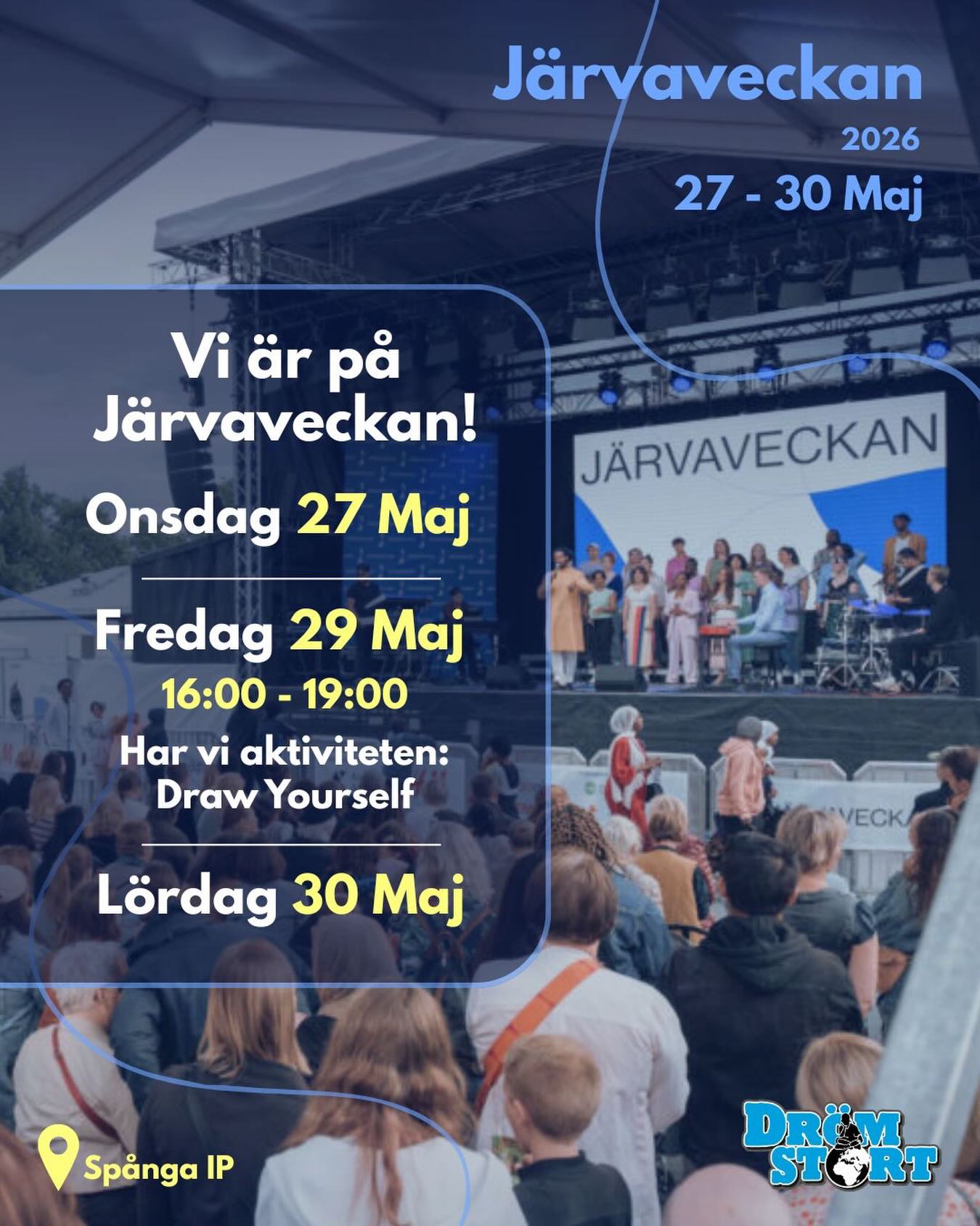 ✨ Vi ses på Järvaveckan 2026! ✨
Kom och träffa oss på Spånga IP mellan 27–30 maj 💙
🎨 På fredag 29 maj kl. 16:00–19:00 har vi aktiviteten Draw Yourself – missa inte det!
Vi ser fram emot att träffa er och skapa en inspirerande vecka tillsammans 🙌
📍 Spånga IP
📅 27–30 Maj 2026
#Järvaveckan #SpångaIP #DrawYourself #DrömStort #StockholmEvents