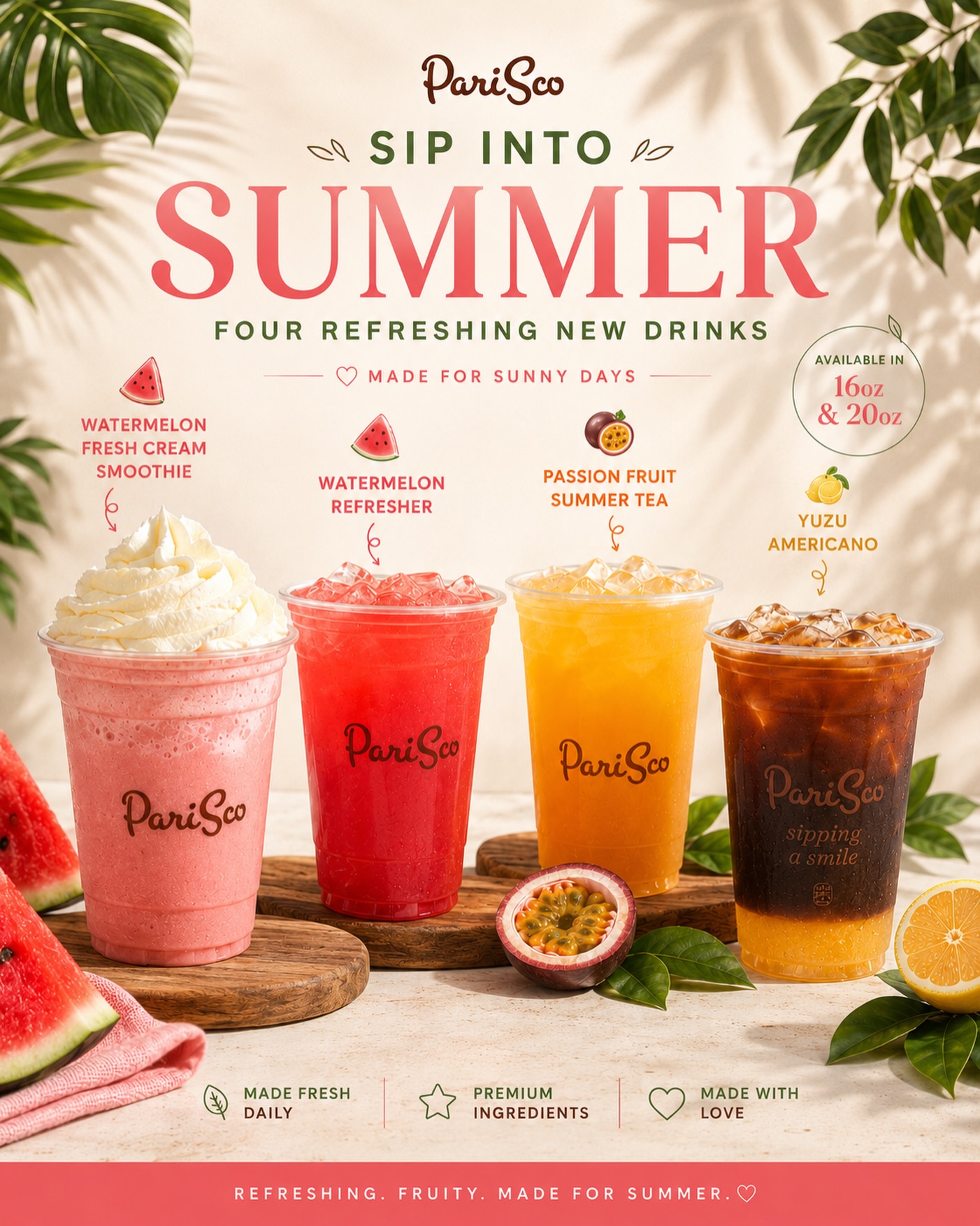 Summer starts at PariSco ☀️
Our new seasonal drinks officially launch today at 12PM.
🍉 Watermelon Fresh Cream Smoothie
🍉 Watermelon Refresher
🌞 Passion Fruit Summer Tea
🍋 Yuzu Americano
Refreshing, fruity, and made for sunny Guam days.
Available in 16oz & 20oz at all PariSco locations starting today.
#PariSco #GuamCafe #GuamCoffee #GuamFoodie #SummerDrinks