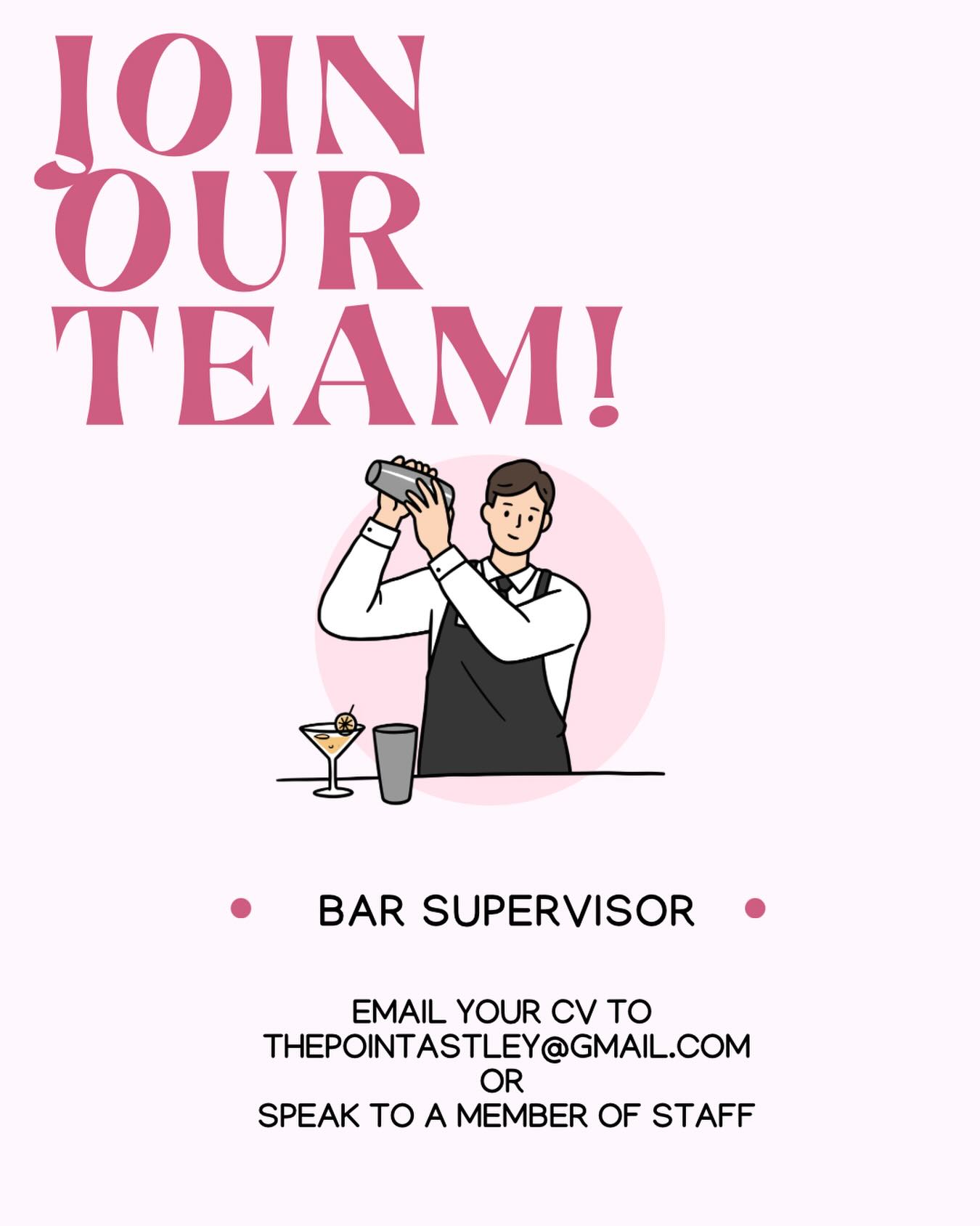 🍸 WE’RE HIRING 🍸
We’re looking for an experienced Bar Supervisor to join our team! If you thrive in a fast-paced environment, have strong leadership skills, and love delivering great customer service, we’d love to hear from you.
✔️ Previous bar experience is essential
✔️ Weekend availability required
✔️ Confident leading a team and managing busy shifts
✔️ Friendly and professional attitude
📩 Send your CV to thepointastley@gmail.com or speak to a member of staff.
#barsupervisor #hospitalityjobs #hiringnow #barjobs #joinourteam