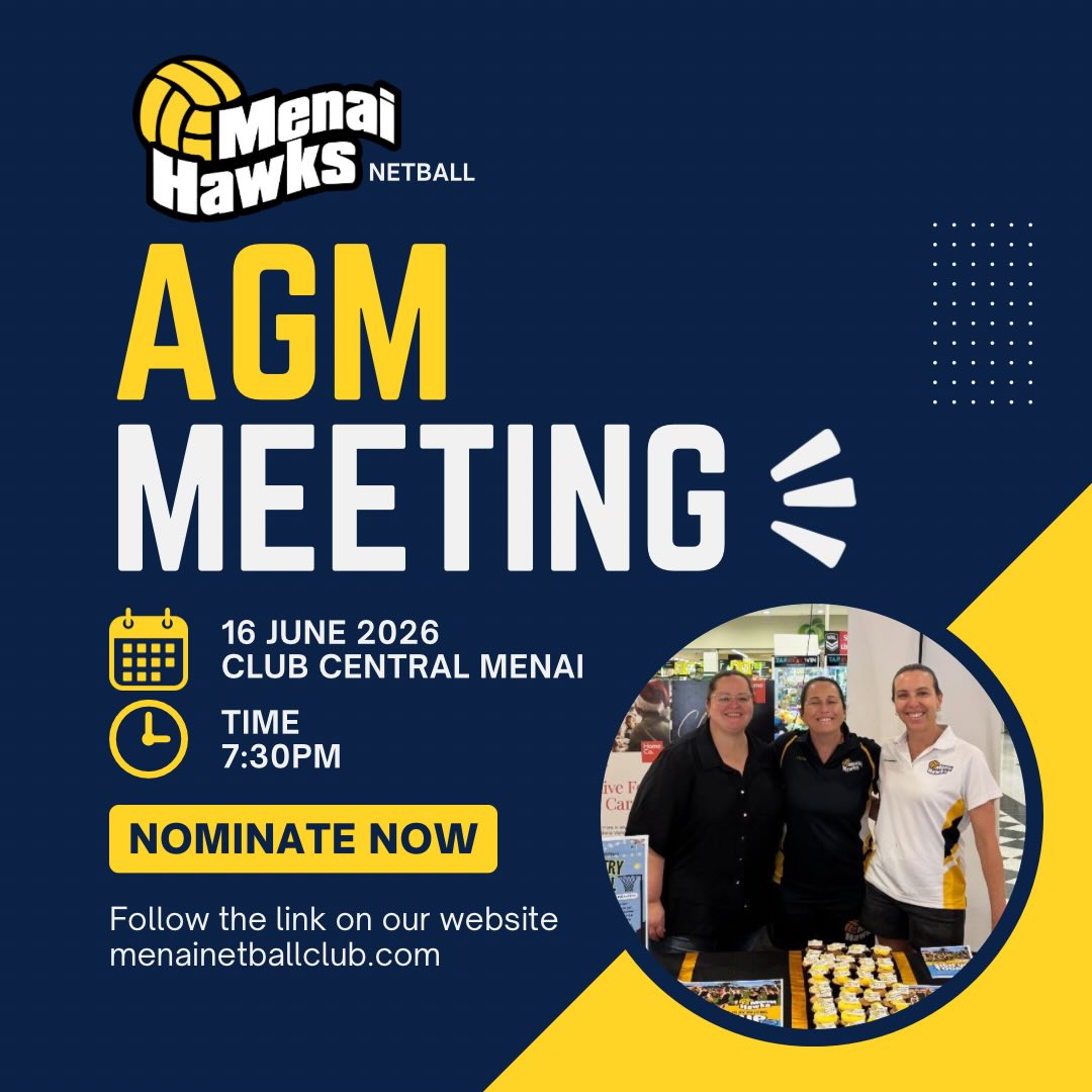 We’re looking for people to join us in 2027 and help shape the future of Menai Hawks Netball Club 💛
Nominate for a position, be part of the general committee, help out with events, or simply share ideas when you can — there’s a place for everyone. You don’t need committee experience, we’d love fresh ideas, extra hands and passionate people who want to help make the club even better both on and off the court.
To nominate, simply complete the form and have 2 people from the club endorse you. Endorsements can come from coaches, managers, players, parents or other club members.
Come be part of the fun and help us make 2027 a huge year for Menai Hawks.