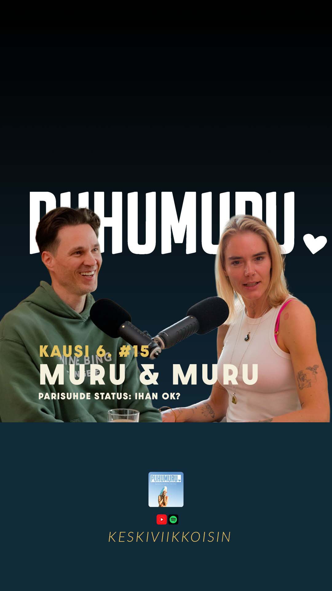 Mites terapeutin oma parisuhde? ❤️ Ilkeä kieli voisi sanoa, että helppoa se on neuvoa muita, mutta koitapa itse. Ei ihan tuulesta temmattua mielestäni.
Istuimme siis alas Murun eli Matin kanssa, ei kun kamerat pyörimään ja äänitys päälle. Emme etukäteen ”sopineet” miten jakso etenee. Aloitin suoraan syvästä päädystä, viimeisestä riidastamme. Siitä etenimme Iso O -päivityksestänikin löytyvään Parisuhde-testiini, jonka teimme podissa. 💓
16 vuotta parisuhdettamme sisältää paljon. Me olemme aina olleet perhe, seurusteluvaihe on vasta tuloillaan. Ruuhkavuosien puristuksessa, omien keskeneräisyyksiemme keskellä rakkaus on ollut liima. Herkku 🍭 erityinen, tärkeä ja suorastaan elinvoiman lähde. Molemmilla on ollut kipunsa, muutos on ollut välttämätön, että olemme pysyneet yhdessä. Kävimme ensimmäisen isomman kriisin läpi jo vuonna ~ 2014 keskellä pikkulapsiarkea.
Pohdimme rehellisesti miten me tänään puhumme, riitelemme, kosketamme, kohtaako unelmat ja tuemmeko toisiamme? Entä yhteinen ja oma aika? Ja vitsit, mitä keskusteluja avautui yksinkertaisista kysymyksistä. 😍 Uskoisin, että alat väkisin pohtimaan miten minä tai me vastattaisiin näihin kysymyksiin.
Ja heitimpä jaksomme loppuun murulle ehdotuksen kesälle, mistä tekin varmasti kuulette myöhemmin lisää. 😇
Haluamme myös muistuttaa muruset, että Parisuhde Bootcamp ❣️ -verkkokurssimme (sisältää terapiaedun!) toukokuun kamppis lähenee loppuaan. Saat sen vielä -50% eli 49,90€ (norm. 99€) aina 31.5.2026 saakka!
➡️ www.puhumuru.shop
Käy katsomassa tai kuuntelemassa uusi puhumurupodin jakso Spotifysta tai Youtubesta NYT!!! ❤️🔥❤️🔥❤️🔥 #parisuhde #ihmissuhteet #rehellisyys #puhumurupodcast