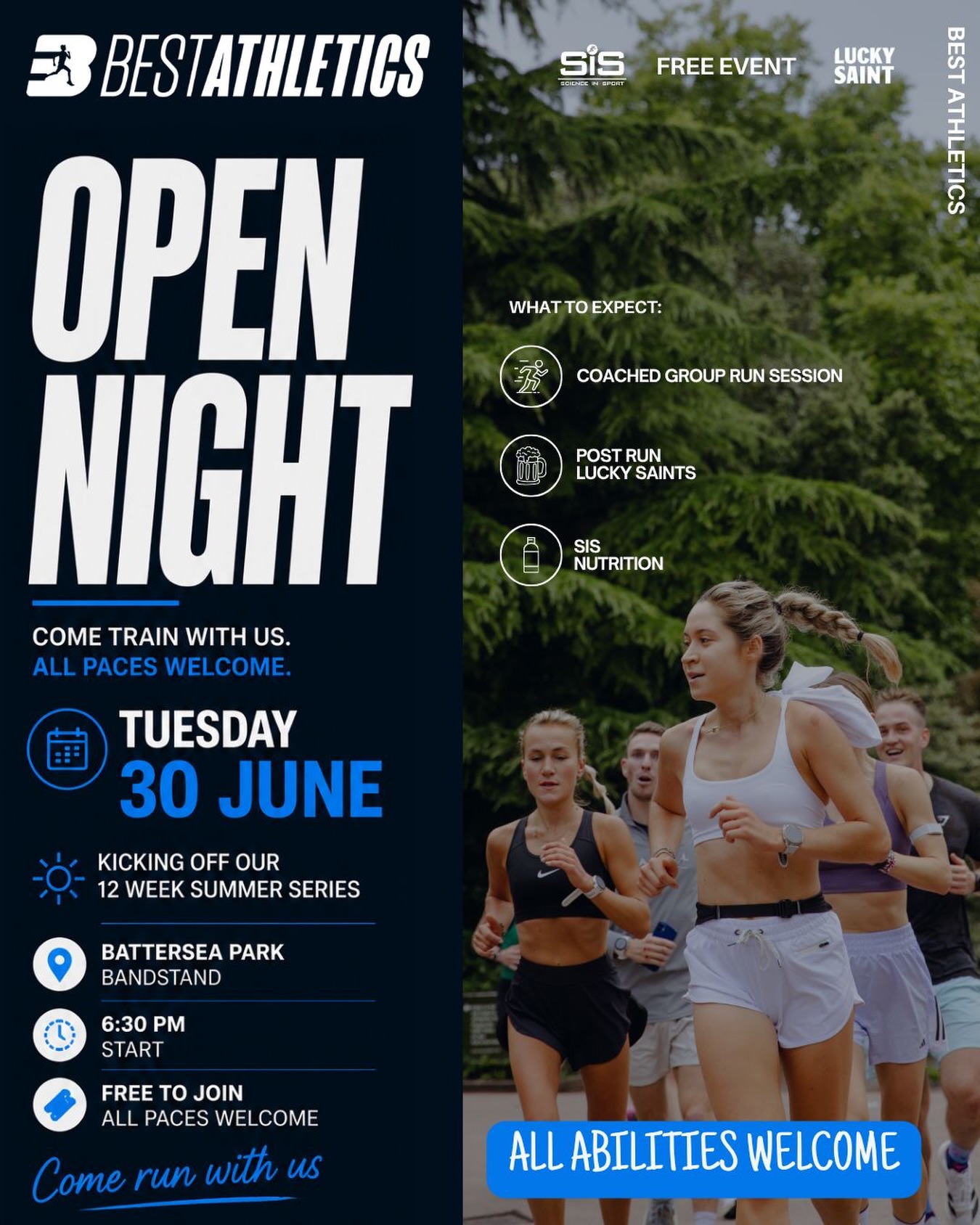 Thinking about joining Best Athletics? ๐๐
Come along to our Open Night on Tuesday 30 June and see what Best Athletics is all about.
Weโll be kicking off our summer series with a coached group run session with Nick (@justalilbester) around Battersea Park, followed by post run Lucky Saints & SiS nutrition โ๏ธ๐๐ฝโโ๏ธ๐๐ฝโโ๏ธ
๐ Free to join
๐๐ฝ Open to all abilities
๐ Meet the community
๐ Battersea Park Bandstand
โฑ๏ธ 6:30PM start
Whether youโre training for a goal race, looking for a running community, or simply want to meet new people weโd love to have you there ๐๐ฝ
Sign up via the link in bio ๐
โข
โข
โข
#bestathletics #londonrunning #runningcommunity #batterseapark #runclub