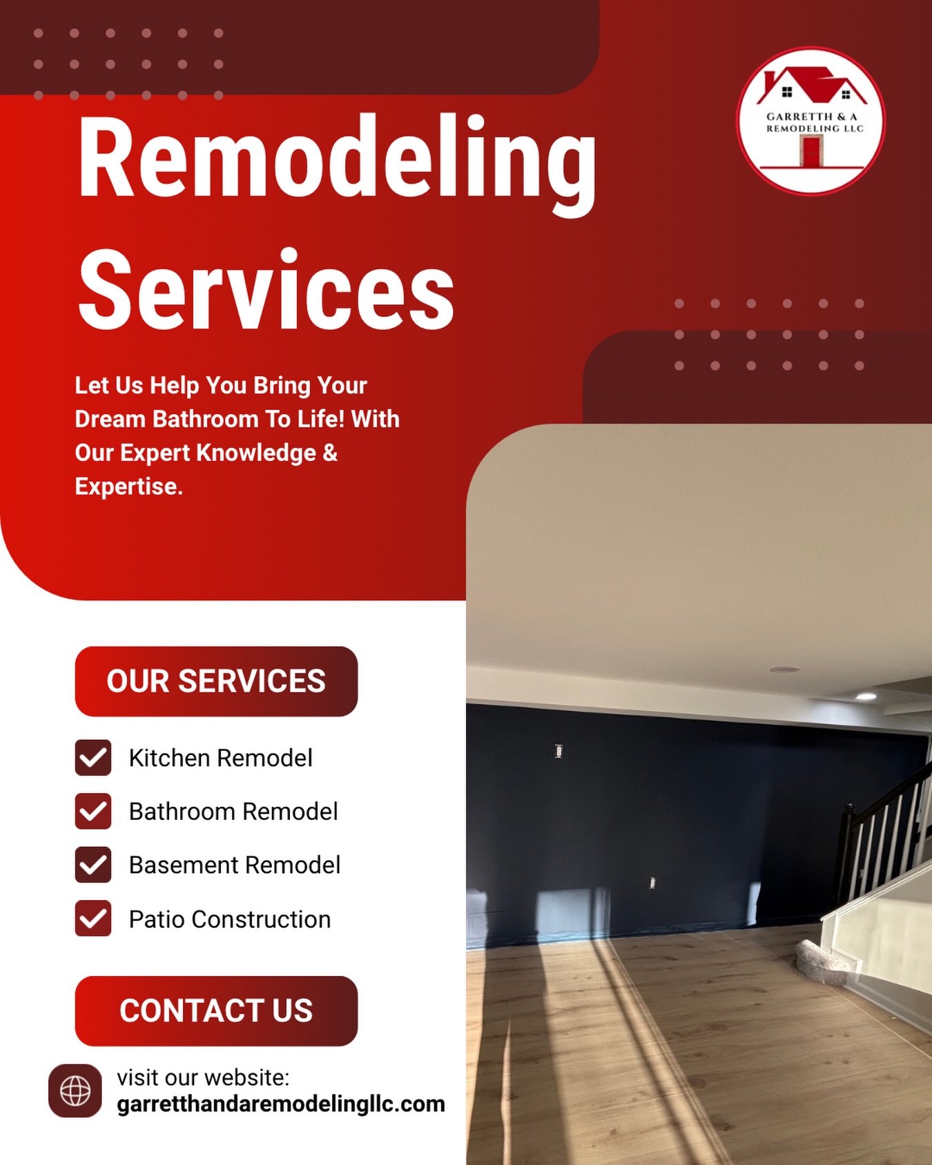 A home renovation is more than just changing a space it’s about creating a place that feels right for you and your family.
At Garretth & A Remodeling LLC, we take pride in helping homeowners bring their ideas to life with quality work, attention to detail, and a remodeling process they can feel confident in from beginning to end. Whether it’s a kitchen, bathroom, basement, or outdoor project, we treat every home like it’s our own.
If you’ve been thinking about updating your space, we’d be happy to help make your vision a reality. Contact us today for a free estimate.
.
.
.
.
.
#explorepage #fyp #remodeling #maryland #generalcontractor