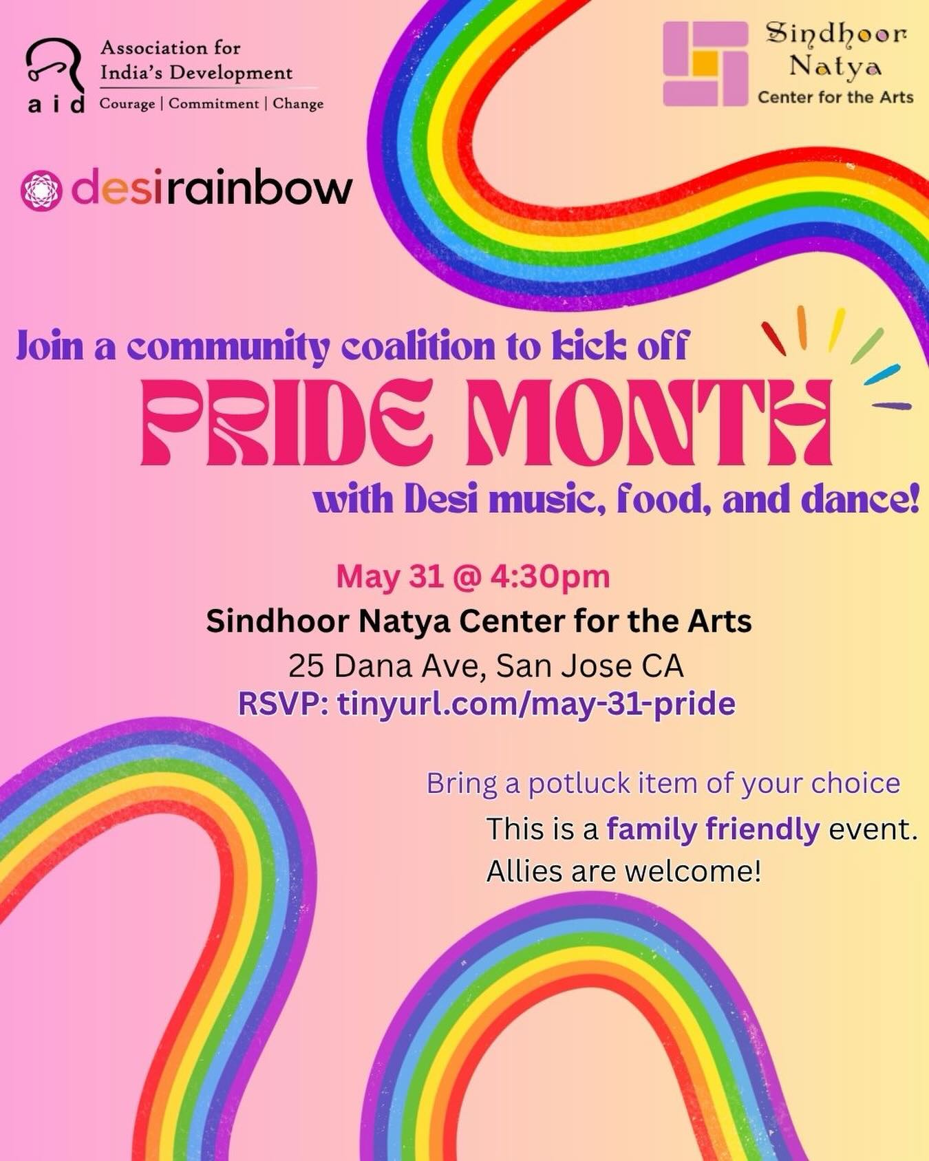 🌈Join Sindhoor Natya Center for the Arts, Association for India’s Development and Desi Rainbow on May 31st for a South Asian arts centered, family friendly, queer and allied Pride Kick Off in San Jose CA! Register at tinyurl.com/may-31-pride
🪷Performers include well known Bay Area South Asian artists and queer and trans youth and their families.
🎶Performances include popular and classical music and dance, as well as interactive singalongs.
🥗Bring a potluck dinner and join us to celebrate Desi Pride with community members and allies!
#Pride2026 #BayAreaPride #SanJosePride #desipride