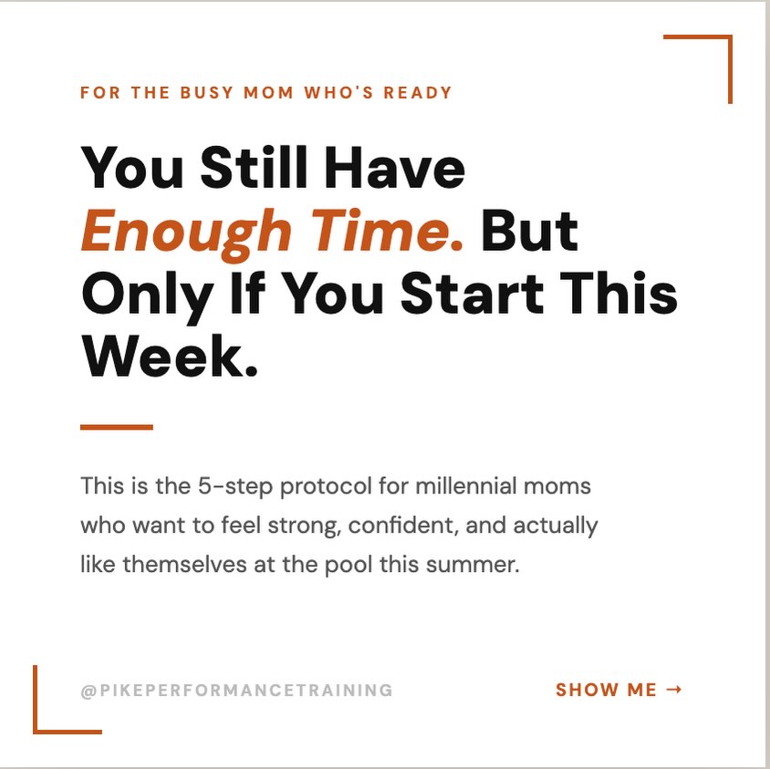 You’re up before the kids, you’re trying to eat right, and you’re still not seeing results.
It’s not because you’re not trying hard enough.
It’s because the plan wasn’t built for your life.
School runs. Back-to-back meetings. Dinner to make. Lunches to pack. By the time everyone else is taken care of — there’s nothing left for you.
This summer is different.
These 5 steps were built specifically for busy moms who don’t have 2 hours a day but are done putting themselves last.
No crash diets. No punishing workouts. Just a real system that works around your actual schedule.
Save this post — you’ll want to come back to it when week 3 hits and you’re already feeling the difference. 👇
Follow @pikeperformancetraining for weekly tips built for millennials who are ready to feel like themselves again this summer.
#busymomfitness #millennialmom #momswholift #summerready #momweightloss