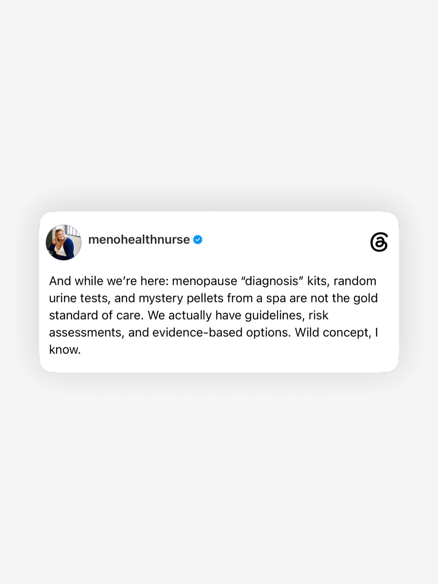 Menopause isn’t a DIY project from a spa shelf.
Those “diagnosis” kits, random urine tests, and mystery pellets? Cute marketing, not gold-standard care and will likely just burn a hole in your pocket.
We actually have guidelines, risk assessments, and evidence-based options… wild concept, I know.
If you’re over 40 and being sold vibes instead of real menopause care, you’re exactly who I’m here for.
Save this for your next appointment and follow for more no‑BS midlife education.