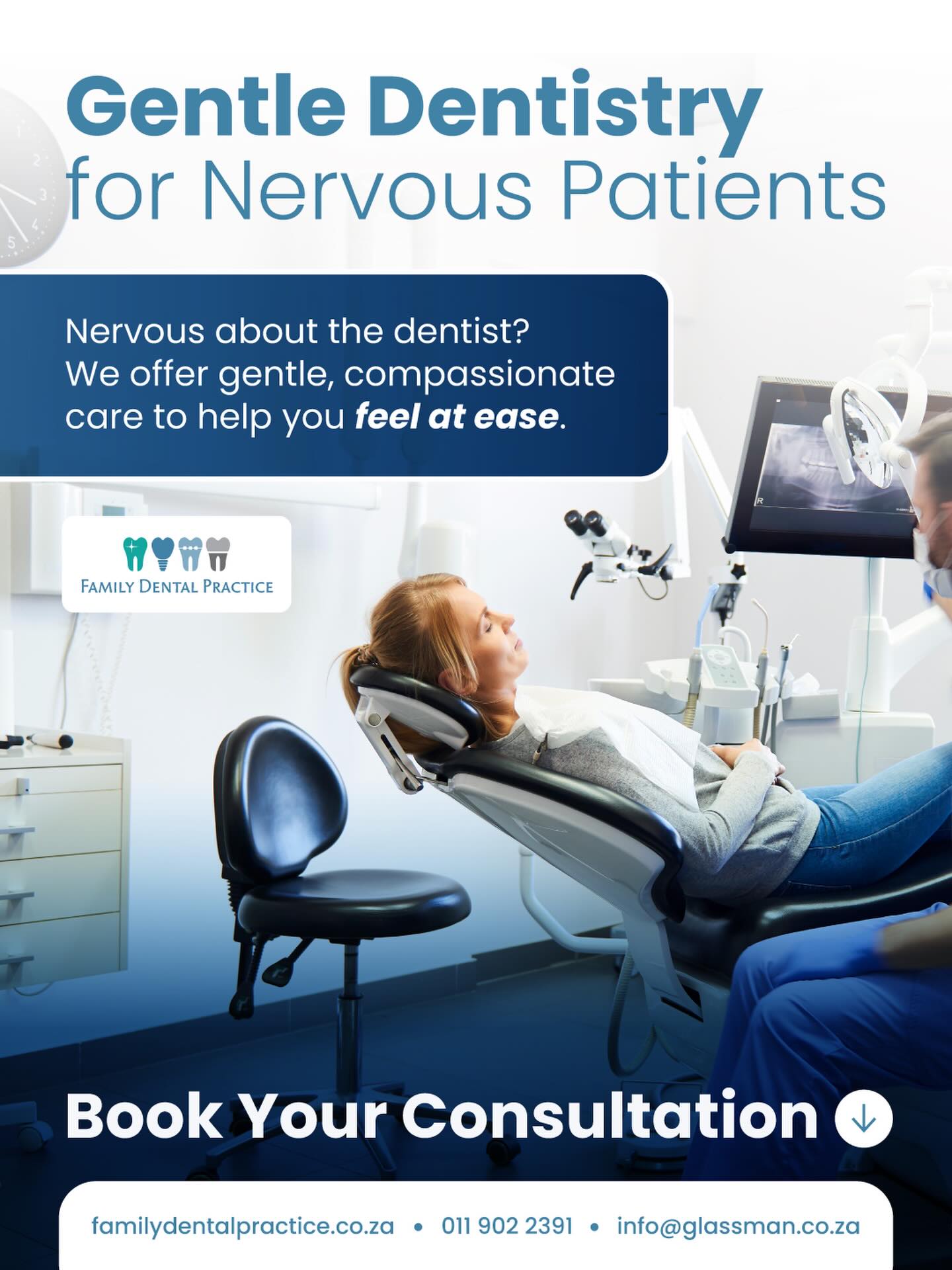 Nervous about going to the dentist? You’re not alone and you’re in the right hands.
At Family Dental Practice, we understand that dental visits can feel overwhelming for some patients. That is why we focus on gentle, compassionate care designed to help you feel calm, comfortable, and supported throughout your appointment.
From the moment you walk in, our team is here to make your experience feel easier, kinder, and far less intimidating.
Book your consultation and let us help you feel at ease.
🌐 familydentalpractice.co.za
📞 011 902 2391
📧 info@glassman.co.za
#FamilyDentalPractice #GentleDentistry #NervousPatients #DentalAnxiety #CompassionateCare
