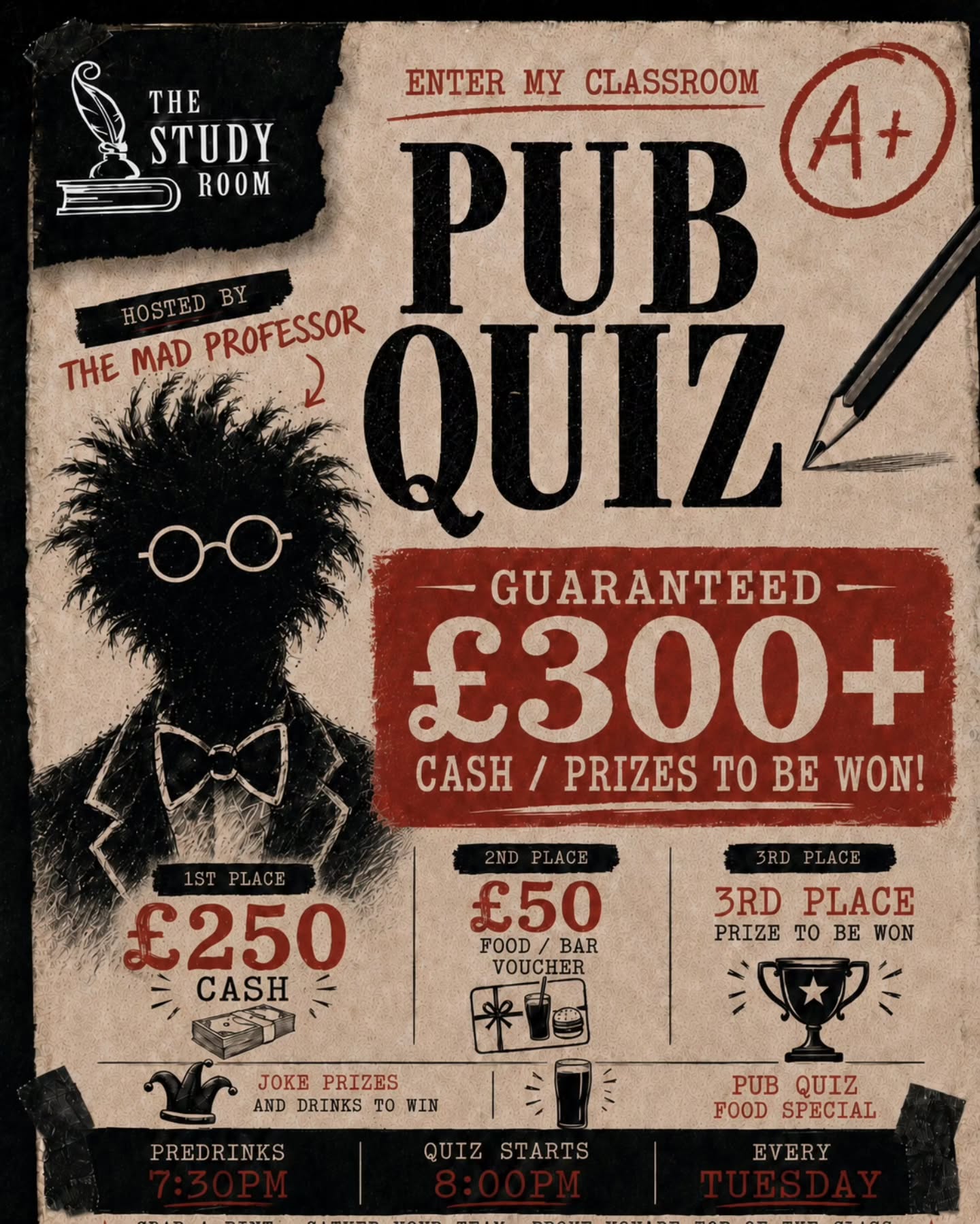 The Mad Professors - Pub Quizš§ ā”ļø
After a SELL OUT QUIZ last week⦠class is officially back in session every Tuesday at 8pm!
Hosted by The Mad Professor ā expect brain-bending questions, ridiculous banter, quick-fire chaos, joke prizes, surprise rounds and a quizmaster who takes knowledge far too seriously and ultimate quiz food - Taco Tuesdays.
With a GUARANTEED £300+ in prizes to be won.
š„ 1st Prize: Ā£250 cash
š„ 2nd Prize: Ā£50 food/bar voucher
š„ 3rd Place: Random prizes
š Pub quiz food sharing specials
Round up your smartest, your loudest mates ā this is your chance to prove youāre top of the class.
š® TACO Tue - 3 Tacos and a margarita for Ā£15
š Sharing nachos/ loaded fries from Ā£7
š» Pre-drinks from 7:30pm
š§ Quiz starts at 8pm
š The Study Room, Lancaster
š
Launching this Tuesday 19th may
We booked out last week, so book in quick ā get your team together and donāt be late for class.
#TheStudyRoomLancaster #LancasterPubQuiz #PubQuizNight #LancasterEvents #lancasterquiz