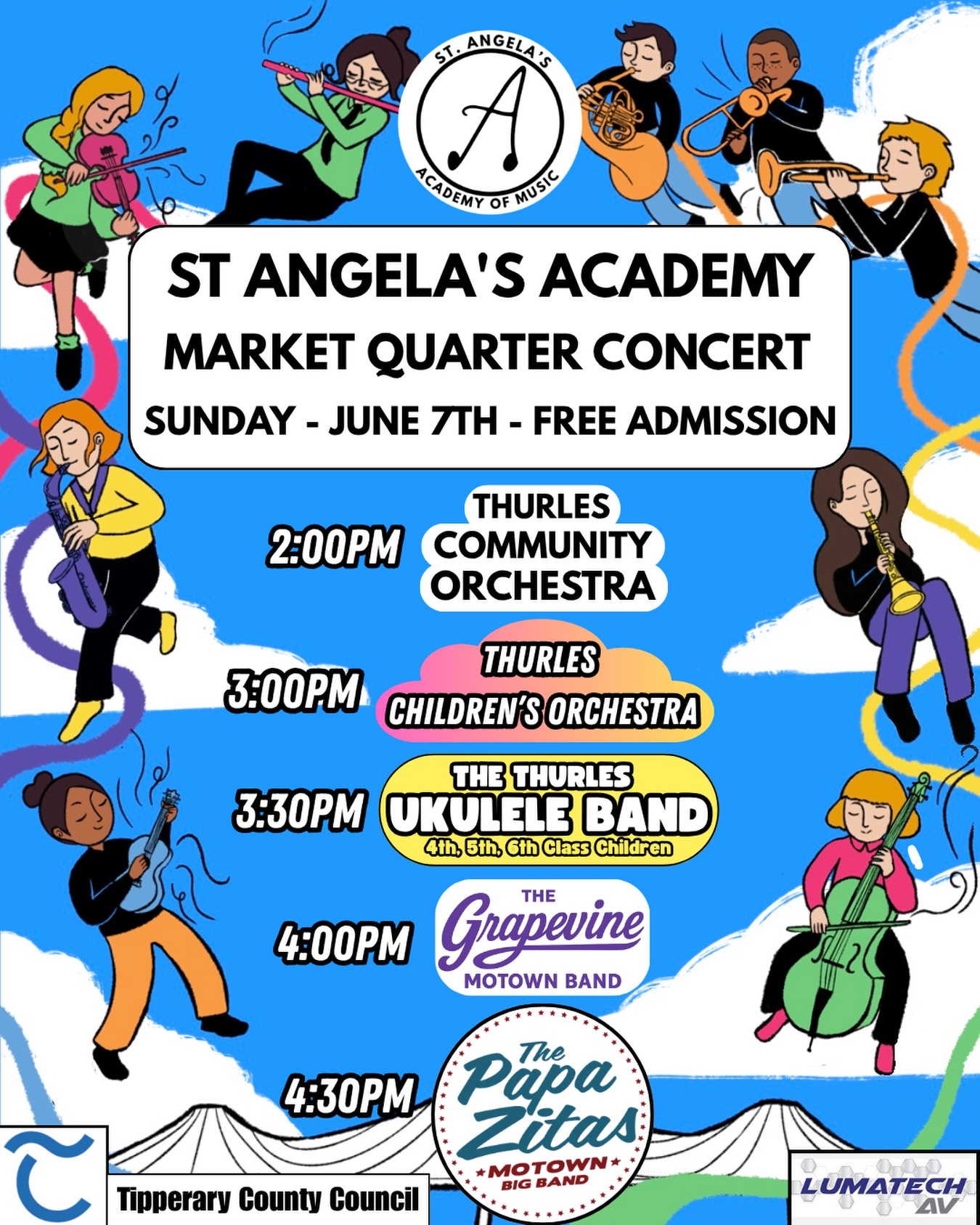 St Angela’s Academy & the Tipperary County Council are proud to announce our very first Market Quarter Concert.
📍Market Quarter, Thurles
📆 Sunday June 7th
🕑 2pm
💶 Free event
Running order is as follows:
2:00pm THURLES COMMUNITY ORCHESTRA
3:00pm THURLES CHILDREN’S ORCHESTRA
3:30pm THURLES UKULELE BAND
4:00pm THE GRAPEVINE
4:30pm THE PAPA ZITAS
This is a family orientated event which has been designed to showcase all of the wonderful young musicians in our community, especially those involved in our new Roundabout program which provides classical music education for primary school children.