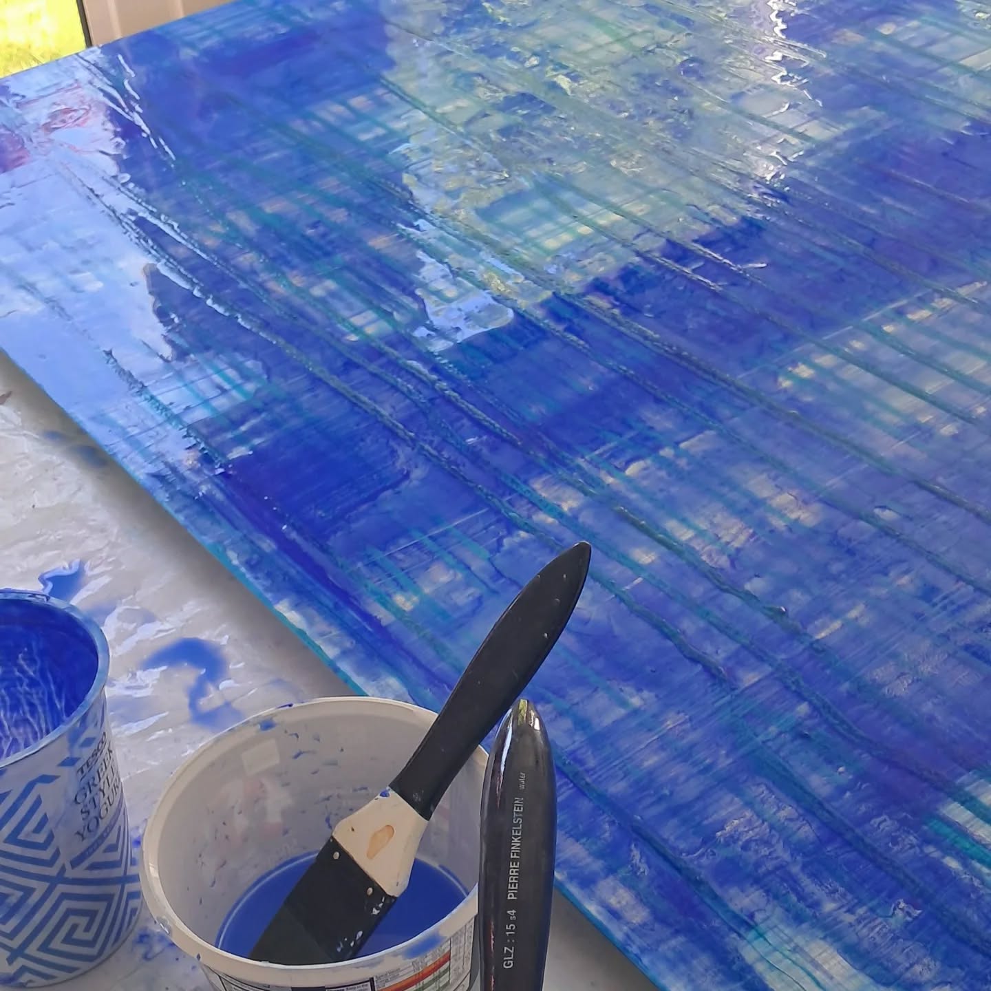 Interplay between glossy ultramarine and matt texture....should be good! #bespokeart #artforhotels #artforinteriordesigners #artforoffices #artforarchitects