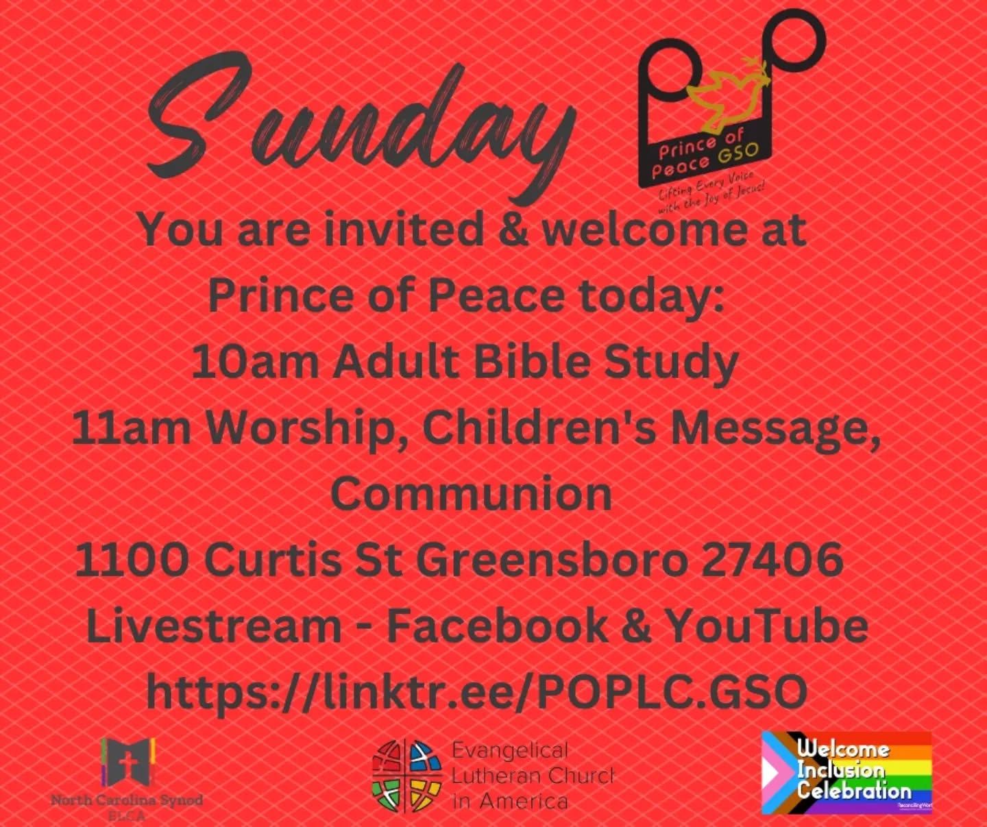Prince of Peace today: #PentecostSunday
📖 10am Adult Bible Study
✝️ 11am Worship, Children's Message, Communion
➡️ 1100 Curtis St Greensboro 27406
🖥️ Livestream - Facebook & YouTube
You will find the bulletin and lessons at the Linktree in bio.