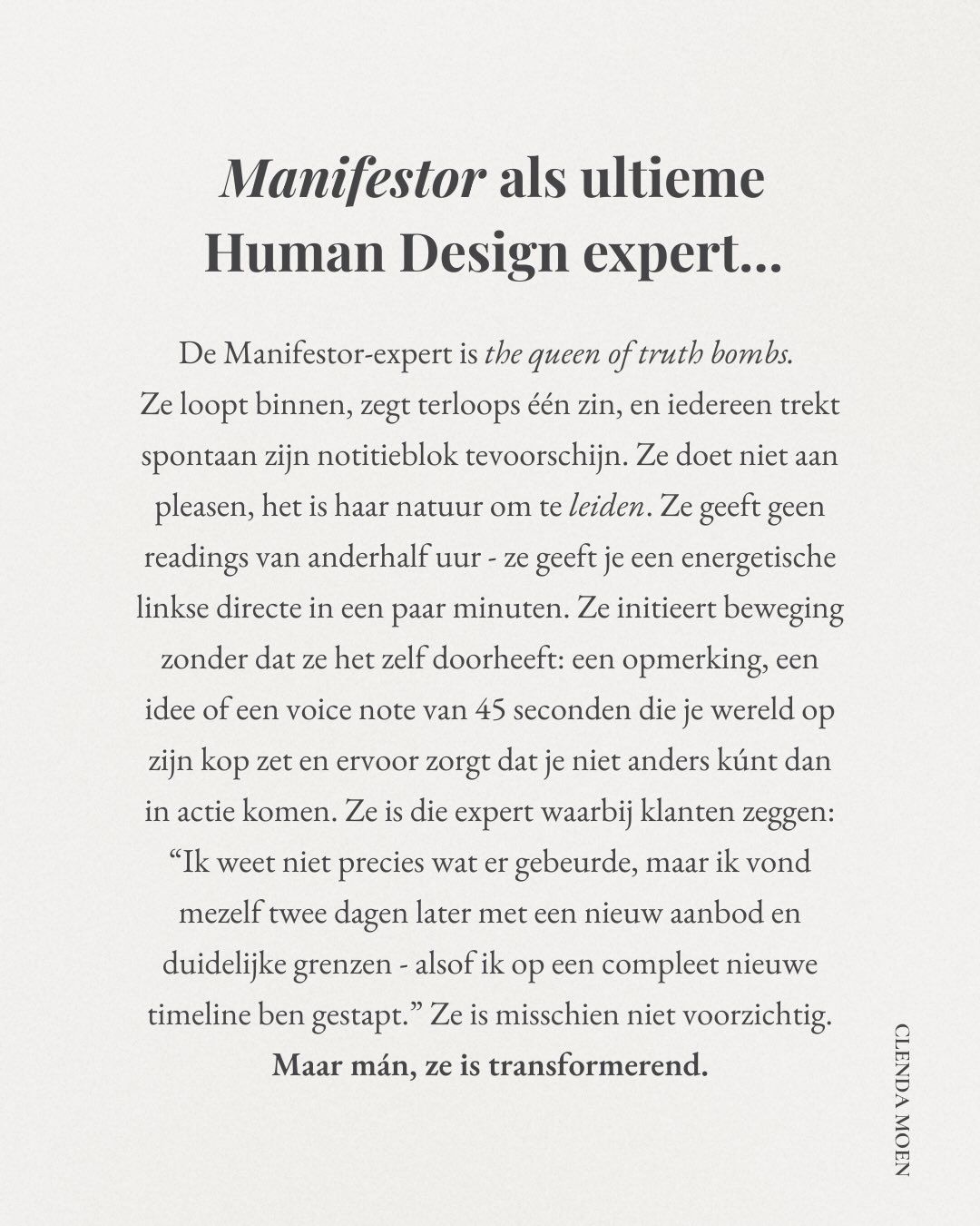 De Human Design Academy is ein-de-lijk weer open ❤️🔥
De unieke methode die wérkt – voor degene die van Human Design haar business wil maken, die het in haar bestaande business en werk wil integreren, maar ook voor jou als je het vooral voor JEZELF (en je loved ones) wil leren. Met die intentie begon ik ook 😉
Je mag nu bij me instappen met 50% korting.
In 16 weken ben je Human Design Expert - zonder jarenlang ingewikkelde charts te hoeven studeren.
👉🏻 Comment “HEBBEN” en ik stuur je de link met alle informatie ❤️🔥👏🏻😍🤌🏻🔥