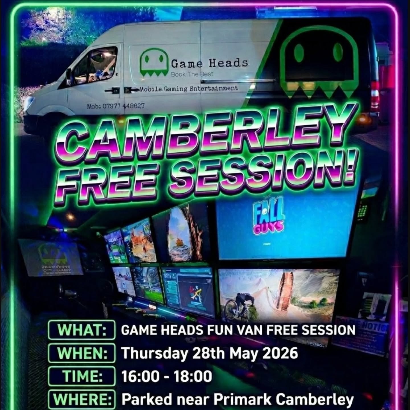 🕹️ CAMBERLEY: COME PLAY FOR FREE THIS THURSDAY! 🕹️
Thinking about booking the ultimate birthday party or special occasion? Or want to see how we can supercharge your next business promo? Now is your chance to try before you buy!
We are bringing FUN, our original gaming van that started it all for us at Game Heads, right into the heart of our home town Camberley.
👇 Here is the deal:
📍 Where: Park Street, Camberley ( near Primark)
📅 When: Thursday 28th May
⏰ Time: 16:00 – 18:00
💰 Cost: 100% FREE!
Come hang out, hop inside, play some games, and see what the hype is all about. Plus, we’ll be handing out some exclusive discount codes for anyone looking to lock in a future booking! 🎉
Planning a birthday bash or a corporate event? Come have a go and chat with the team. See you there!
www.gameheads.co.uk rob@gamehead.co.uk