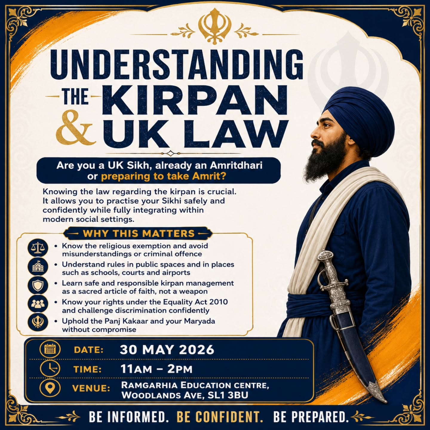 Are you a UK Sikh, already Amritdhari or preparing to take Amrit?
Understanding the law around the Kirpan is essential so you can practise your Sikhi safely, confidently and with clarity.
In this workshop, we’ll cover:
✅ Your legal rights around the Kirpan
✅ The religious exemption and what it means
✅ Rules in public and private spaces
✅ Safe and responsible Kirpan management
✅ Equality Act 2010 protections
✅ Upholding the Panj Kakaar and your Maryada with confidence
📍 Location: Woodlands Ave, SL1 3BU
📅 Date: 30 May 2026
⏰ Time: 11am – 2pm
Book your spot now — limited spaces available.
🔗 Link in bio
@sikhpa