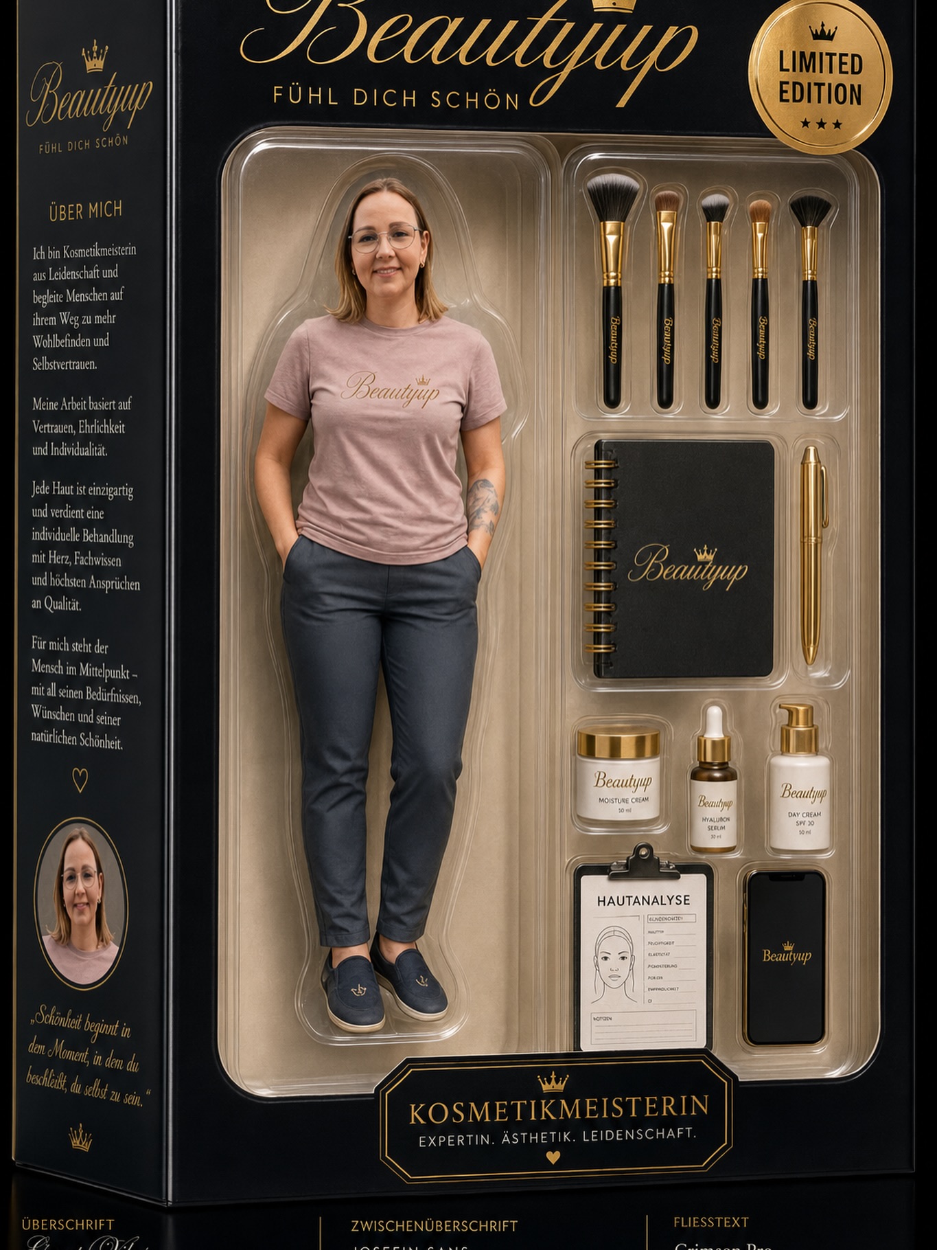 ✨ COLLECTOR’S EDITION: BEAUTYUP ✨
Manche sammeln Luxus.
Manche sammeln Kunst.
Und manche bauen sich ein Leben auf,
das selbst zur Limited Edition wird. 💛
Von der Leidenschaft zur Berufung.
Von der Kosmetikerin zur Hautexpertin.
Von „nur schön“ zu:
✨ Frauen dabei helfen, sich wieder richtig wohl und schön in ihrer Haut zu fühlen.
Diese Figur steht nicht nur für Beauty.
Sie steht für:
✔️ Stärke
✔️ Weiblichkeit
✔️ Herz
✔️ Vision
✔️ Selbstvertrauen
✔️ echte Schönheit
Mit Analysebogen, Pflegeprodukten, Notizbuch und ganz viel Leidenschaft ausgestattet, erinnert sie daran:
„Schönheit beginnt dort,
wo du dich selbst wertschätzt.“ ✨
Willkommen in der Welt von Beautyup.
Fühl dich schön. 🤍
#beautyup #fühldichschön #kosmetikmeisterin #beautyexpert #premiumbeauty womaninbusiness selfcare hautexpertin luxurybeauty femaleentrepreneur beautysalon glowup aesthetic beautybranding limitededition