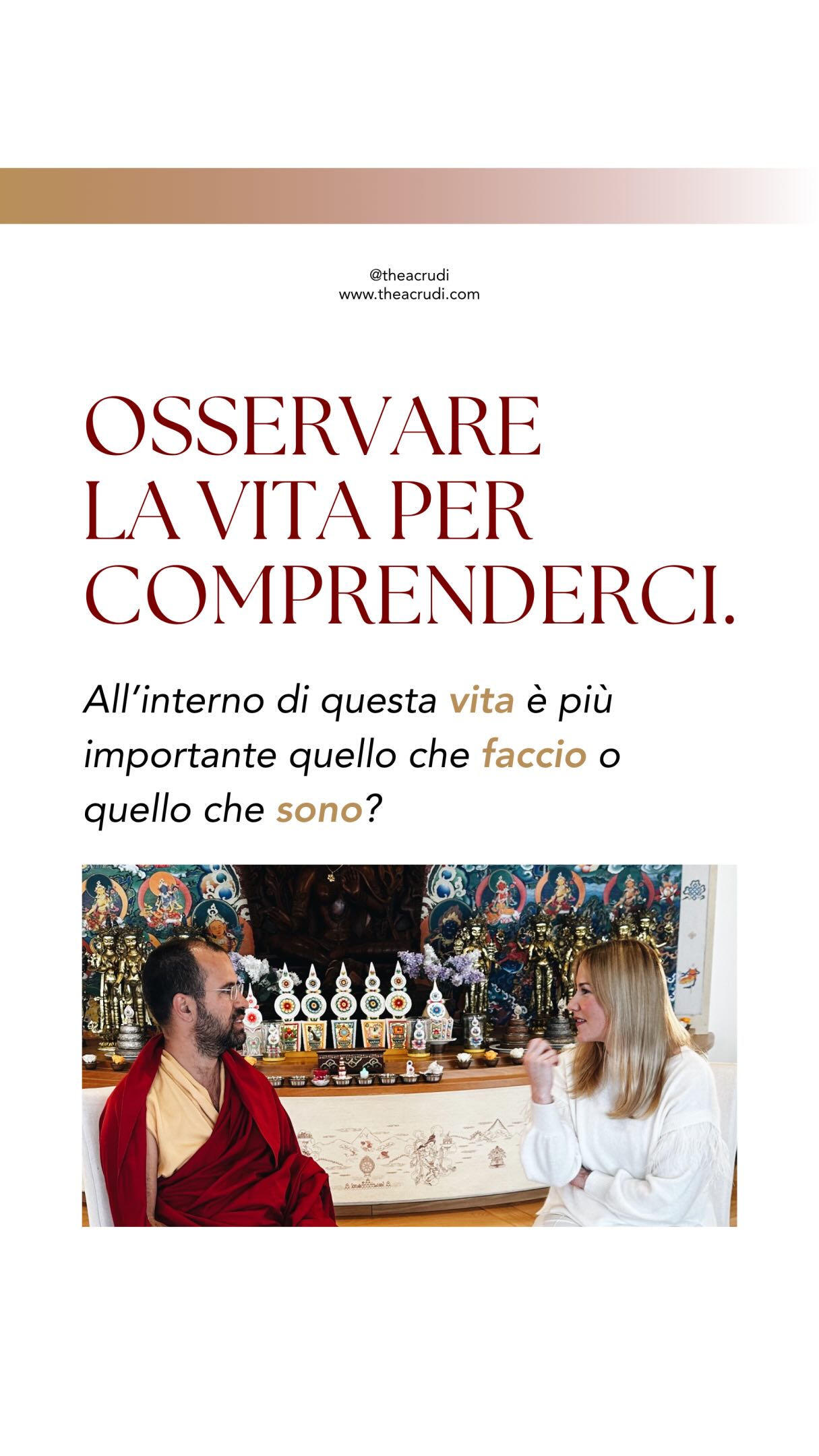 Concediti uno spazio per ascoltare questo episodio con calma, lasciando che le parole si sedimentino in profondità ✨
“Per poter comprendere un po’ meglio la visione che trascende questa vita, anche di reincarnazione, dobbiamo prima di tutto osservare all’interno di questa vita e vedere che cosa è più importante: quello che faccio o quello che sono? Per me la priorità assoluta è il modo in cui gli eventi della vita, le interazioni che ho vanno gradualmente a trasformare il mio Essere. Questa è la cosa più importante. Quindi, qual è l’obiettivo maggiore? Quello che voglio Essere. E questo è un qualcosa che trascende poi anche questa vita...”
🎧 Puoi ascoltare l’episodio completo su YouTube e su tutte le piattaforme streaming (Spotify, Apple Podcast e Amazon Music).
🪷 MantraVibes vuole essere uno spazio di crescita personale, risveglio di coscienza e yoga spirituale. Un luogo in cui le saggezze millenarie diventano strumenti concreti per trasformare la nostra vita quotidiana.
💬 Commenta “podcast” per ricevere info in DM e recuperare gratuitamente gli episodi!
#mantravibes #podcast #spiritualità #yogaitalia #lamamichel @lamamichel