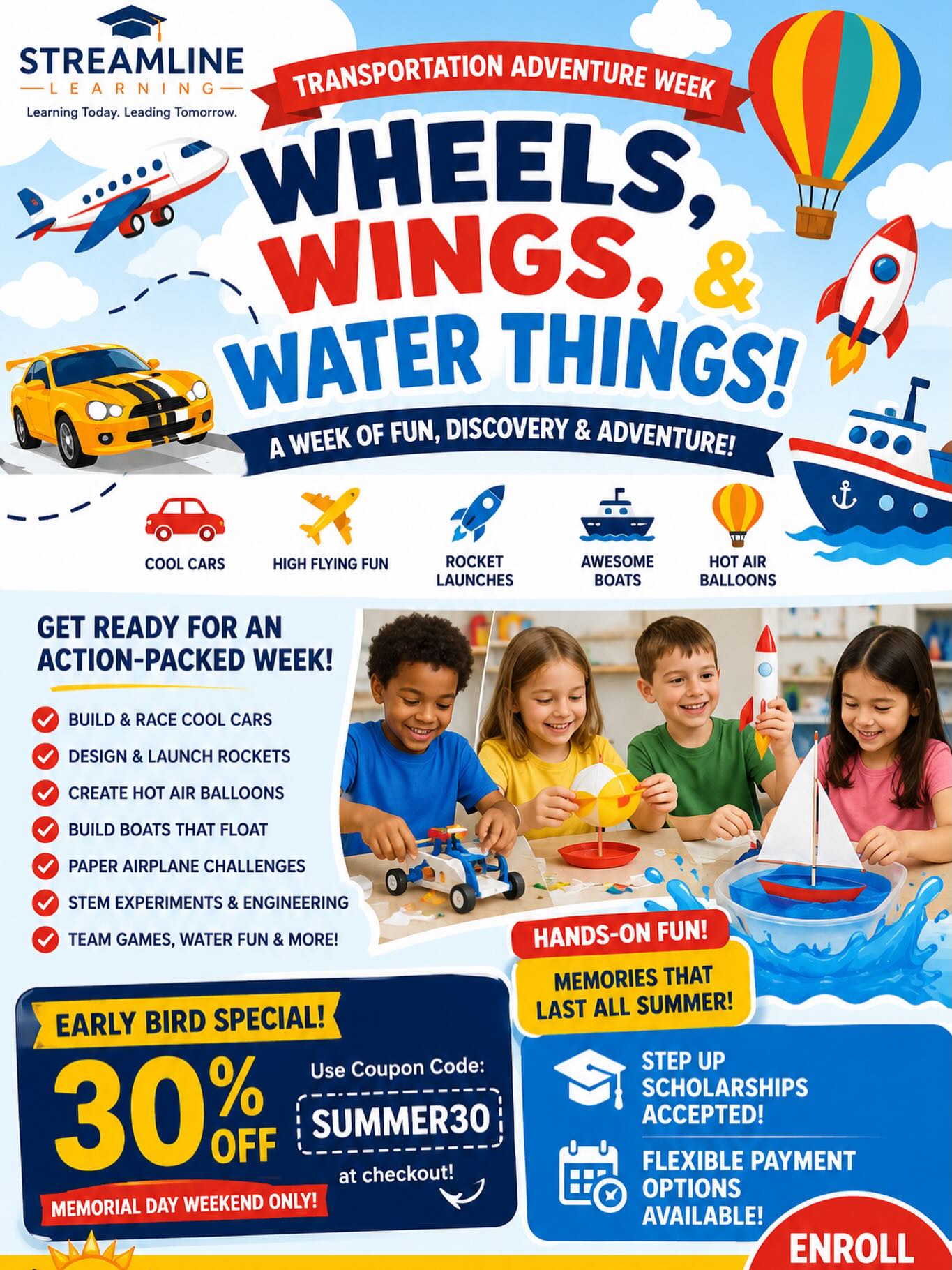 Week One: June 1st 8am to 4pm ๐โ๏ธ๐ค WHEELS, WINGS & WATER THINGS is taking off at Streamline Learning this summer! ๐
Get ready for an action-packed week filled with:
๐ Rocket launches
๐ Cool car races
๐ Hot air balloon projects
๐ค Floating boat challenges
โ๏ธ Paper airplane competitions
๐ฆ Water fun, games & hands-on STEM adventures!
Parents โ if youโre looking for a FUN, safe, educational, and unforgettable summer experience for your child, this is it! ๐ Field Trips Included!
๐ฅ MEMORIAL DAY WEEKEND SPECIAL ๐ฅ
SAVE 30% with coupon code: SUMMER30
โ
Step Up Scholarships Accepted
โ
Flexible Payment Options Available
โ
Spots Are Limited!
Give your child a summer full of creativity, friendships, adventure, and memories that will last forever ๐
๐Enroll today at streamlinelearning.org
#SummerCamp #OrlandoSummerCamp #STEMCamp #KidsActivities #StreamlineLearning SummerFun TransportationWeek HandsOnLearning StepUpForStudents SummerAdventur